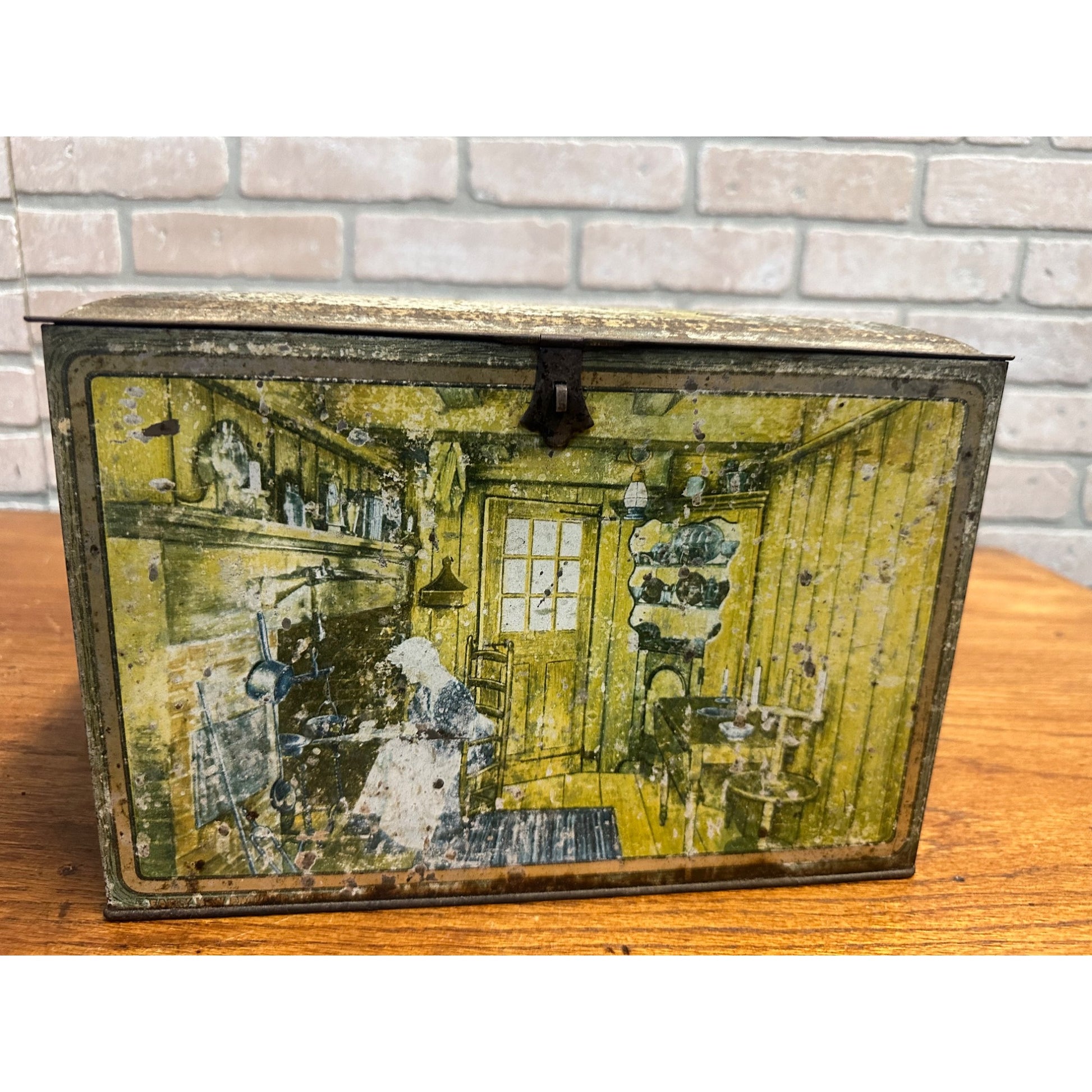 Vintage Canco Tin Biscuit Cookie Box Treasure Chest Early Settler Scenes