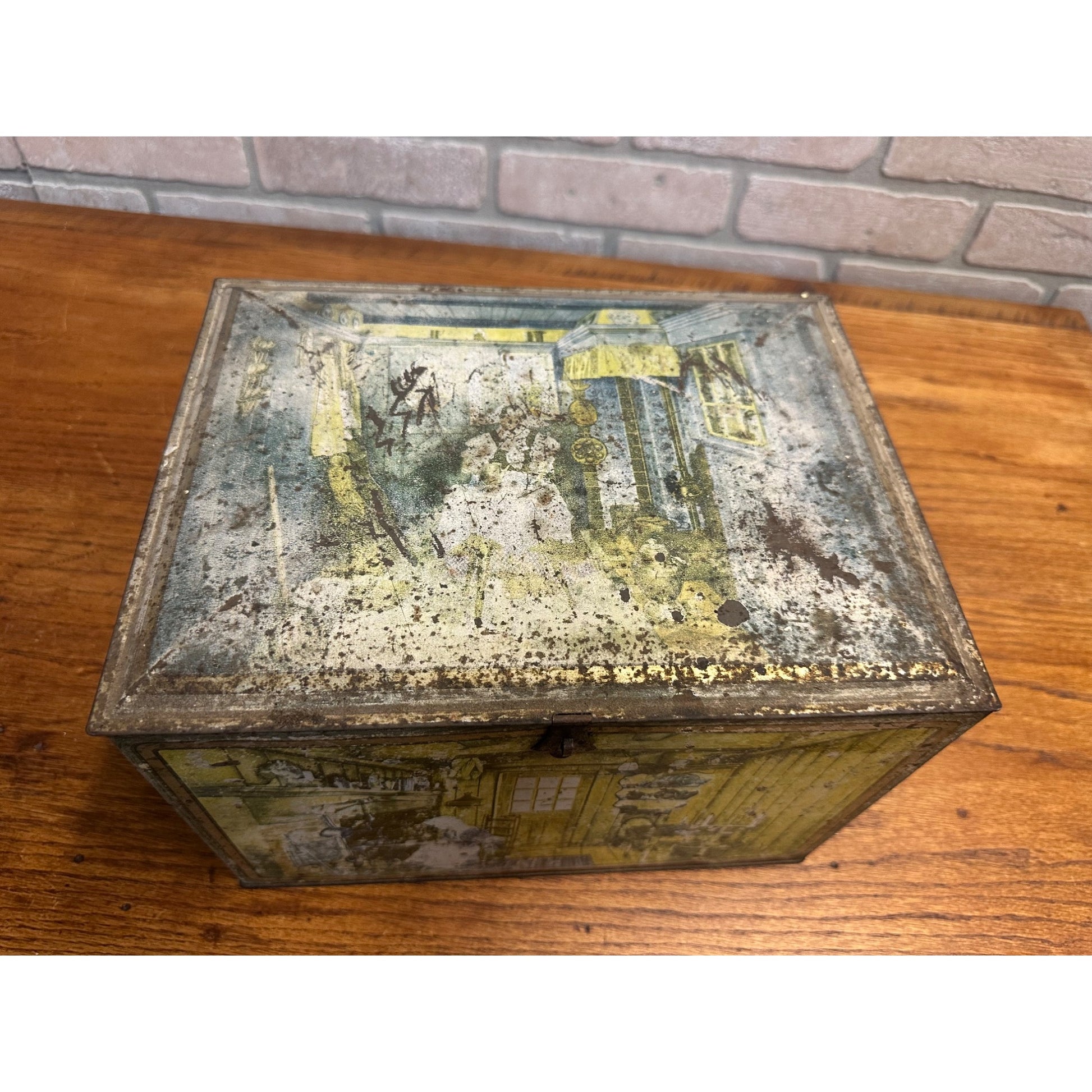 Vintage Canco Tin Biscuit Cookie Box Treasure Chest Early Settler Scenes