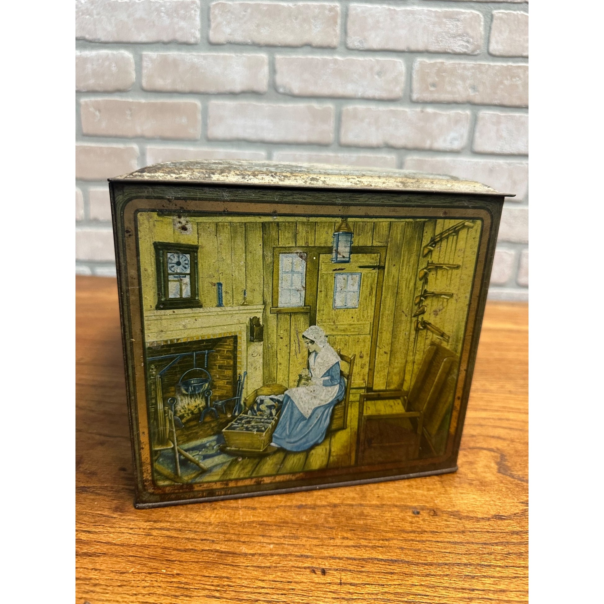 Vintage Canco Tin Biscuit Cookie Box Treasure Chest Early Settler Scenes