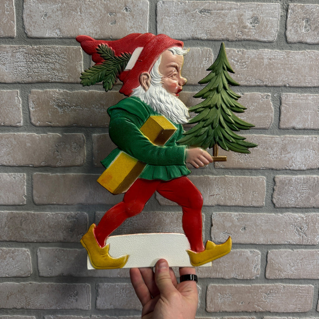 RARE Vintage German Christmas Elf w/ Tree & Gift Box Embossed Diecut 13"