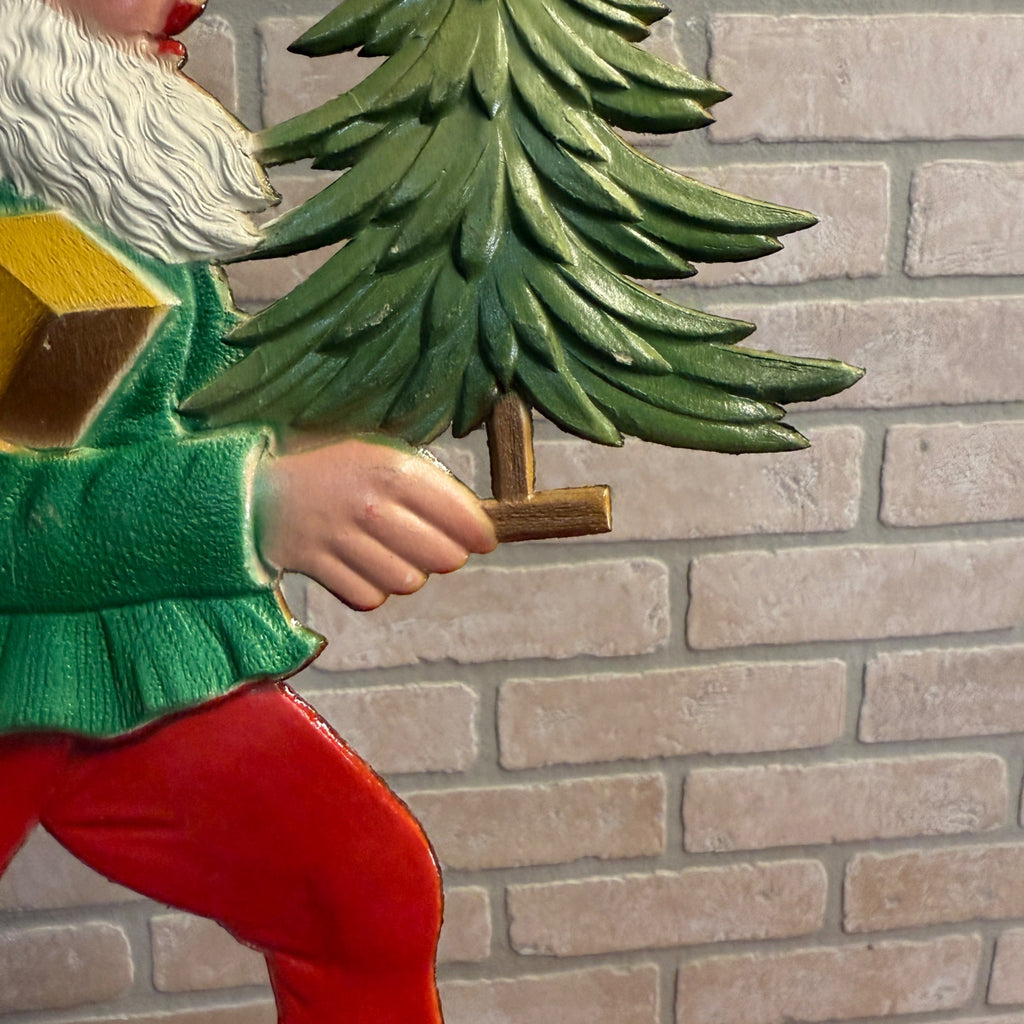RARE Vintage German Christmas Elf w/ Tree & Gift Box Embossed Diecut 13"