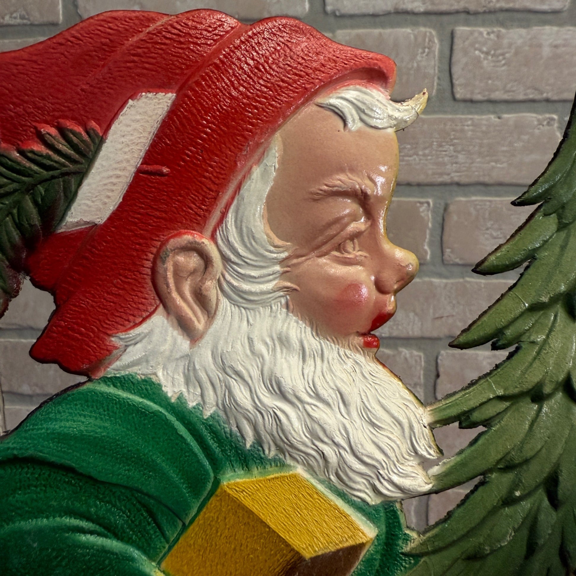 RARE Vintage German Christmas Elf w/ Tree & Gift Box Embossed Diecut 13"