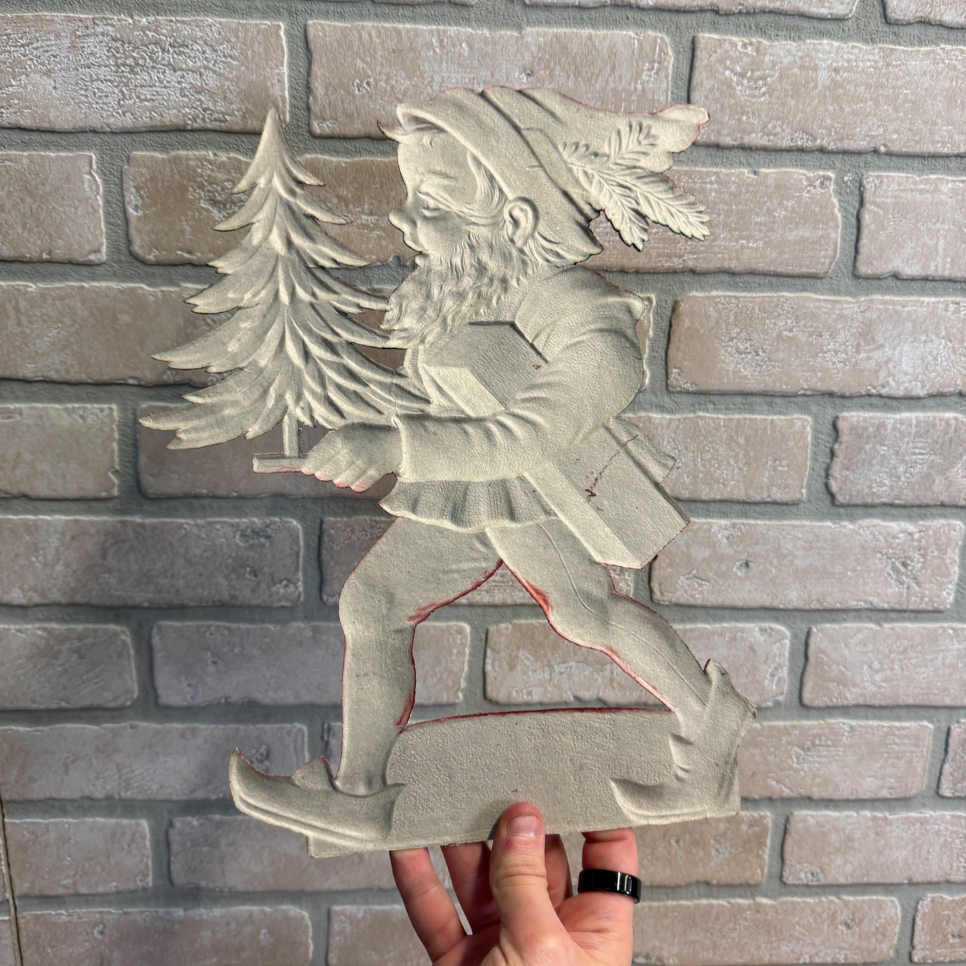 RARE Vintage German Christmas Elf w/ Tree & Gift Box Embossed Diecut 13"