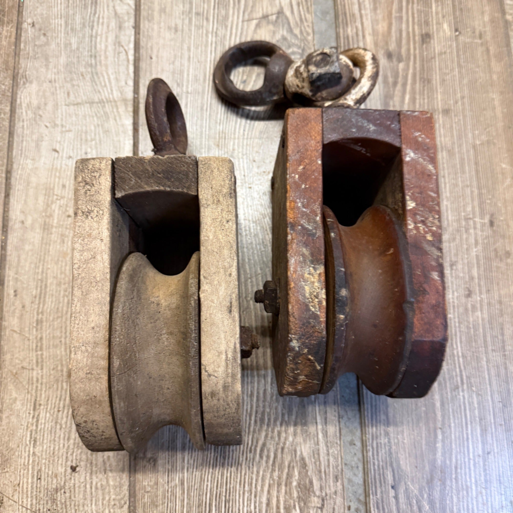 Antique (2) Wooden Block Pulleys Farmhouse Decor Tools