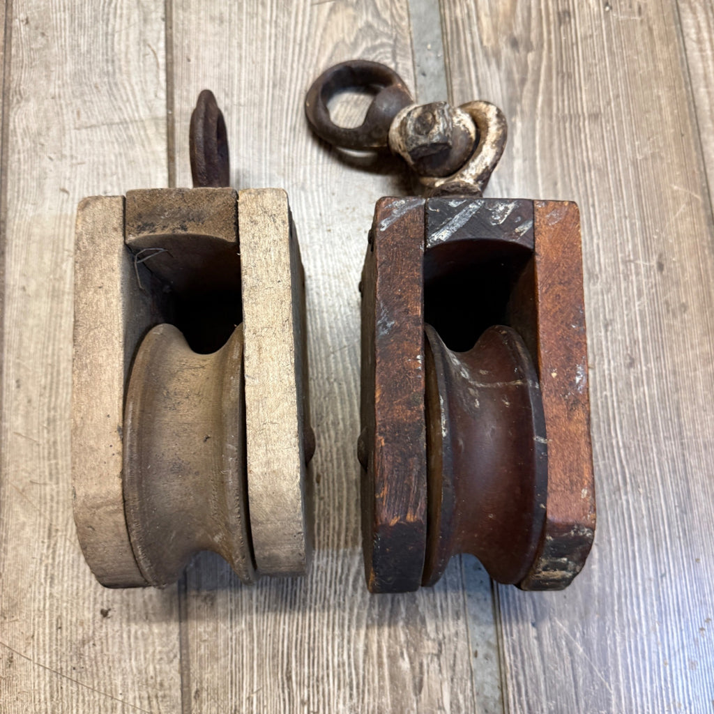 Antique (2) Wooden Block Pulleys Farmhouse Decor Tools
