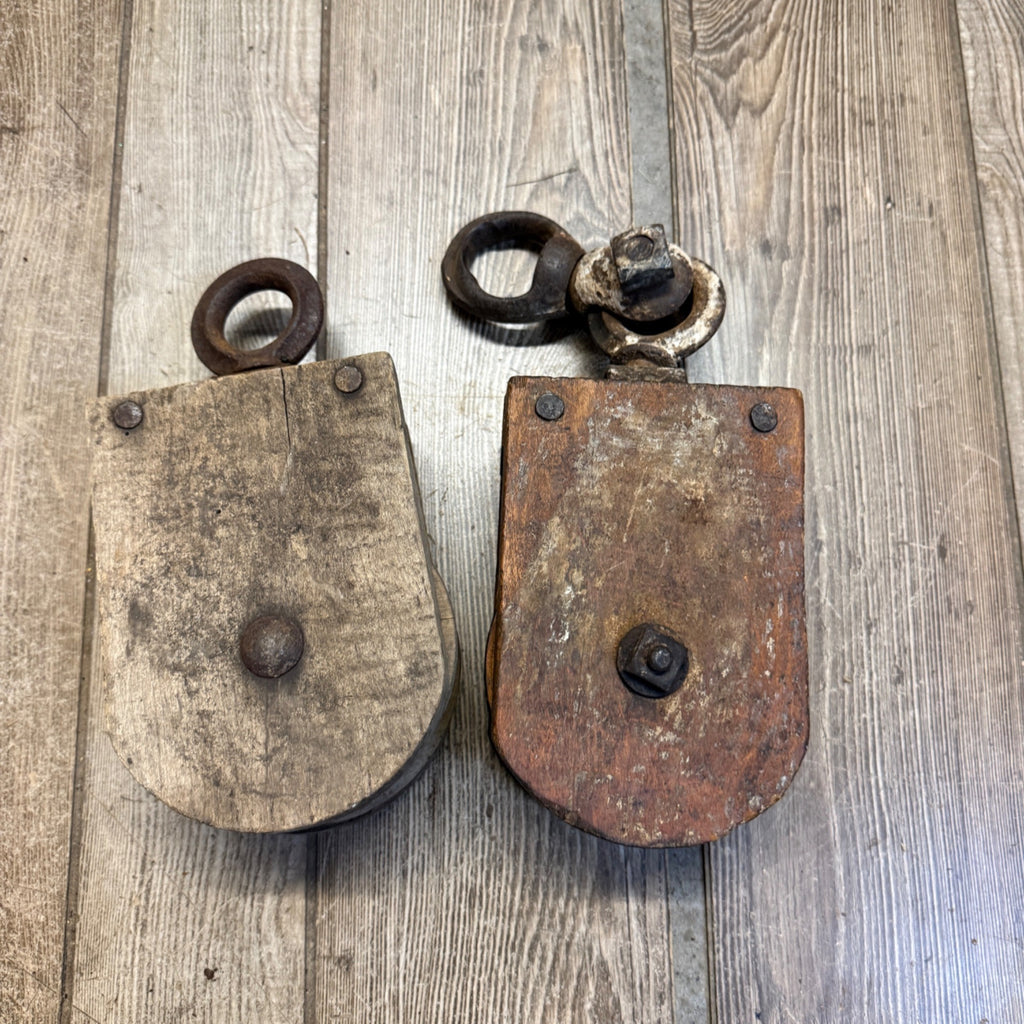 Antique (2) Wooden Block Pulleys Farmhouse Decor Tools