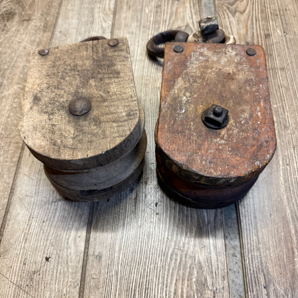 Antique (2) Wooden Block Pulleys Farmhouse Decor Tools