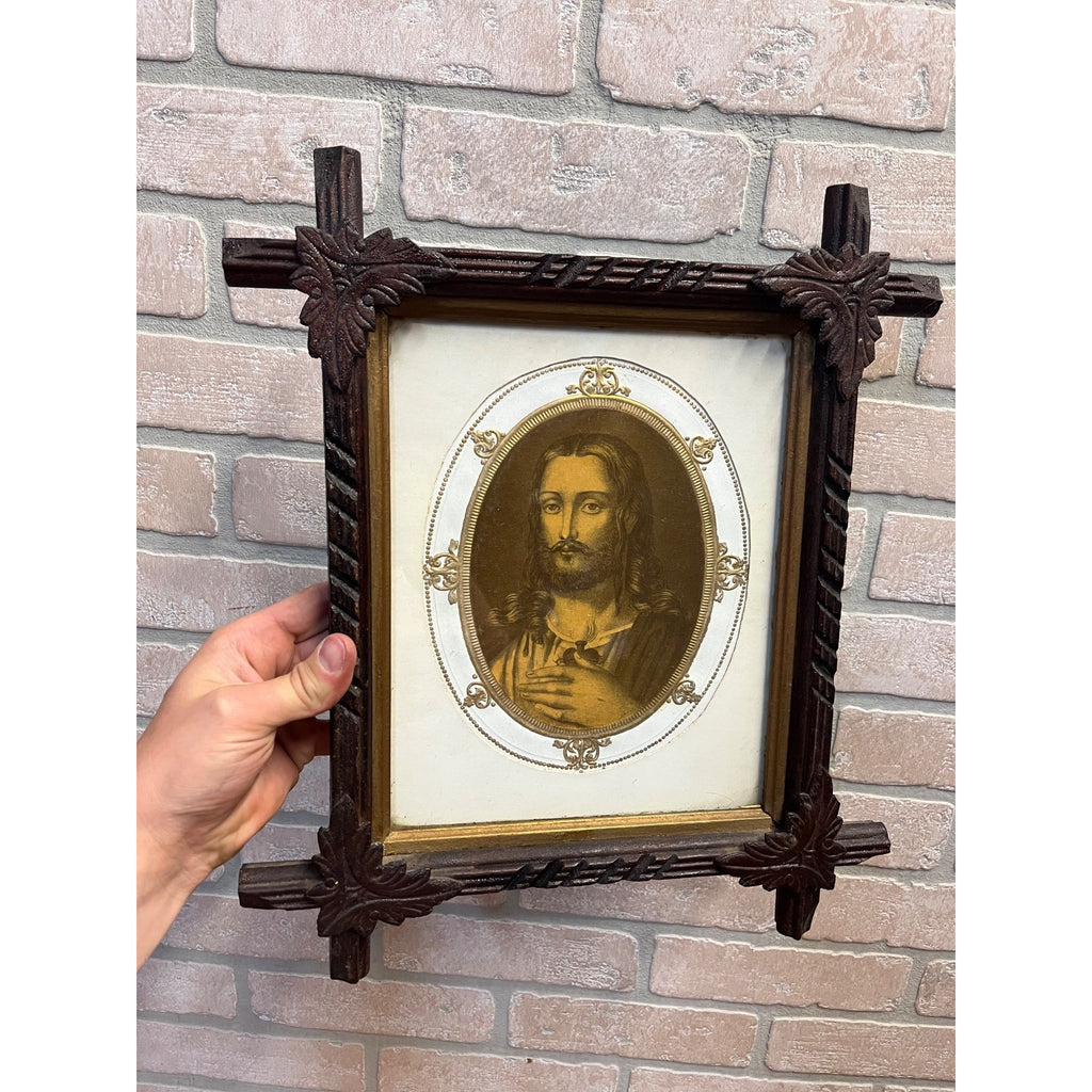 Antique Vintage Black Forest Adirondack Carved Wood Frame - Jesus Christ Sacred Heart Religious Print