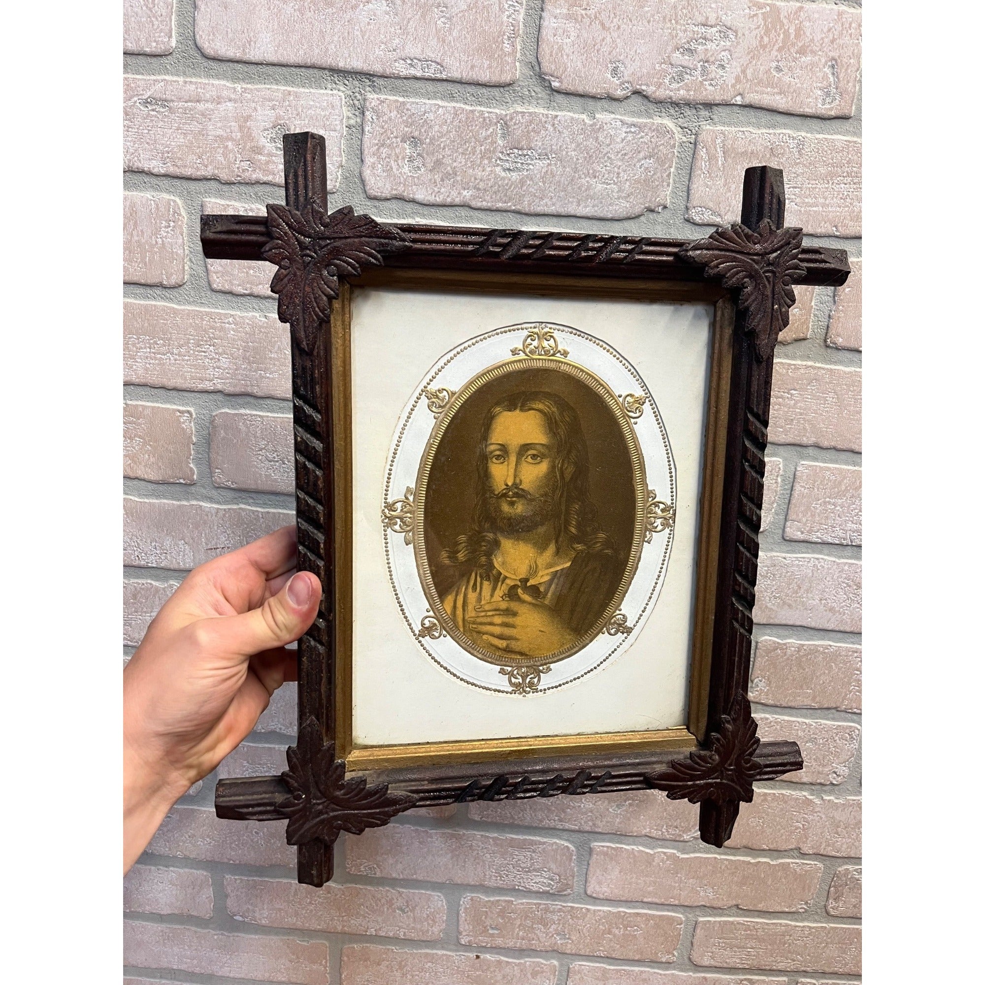 Antique Vintage Black Forest Adirondack Carved Wood Frame - Jesus Christ Sacred Heart Religious Print