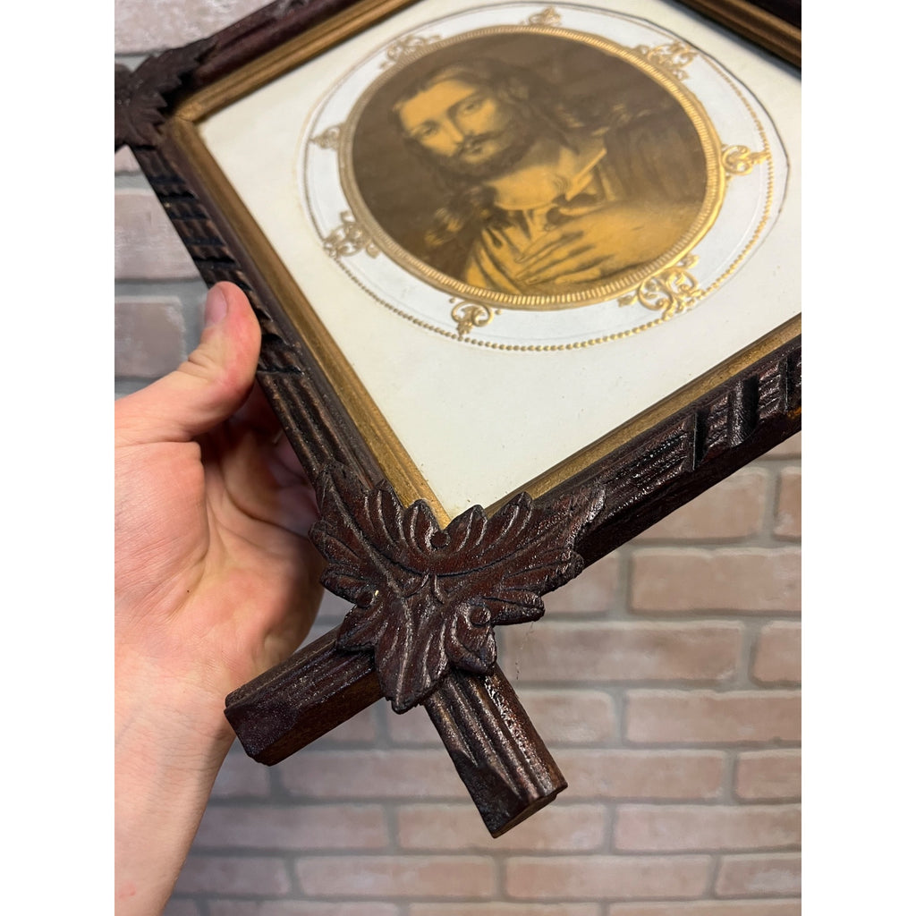 Antique Vintage Black Forest Adirondack Carved Wood Frame - Jesus Christ Sacred Heart Religious Print