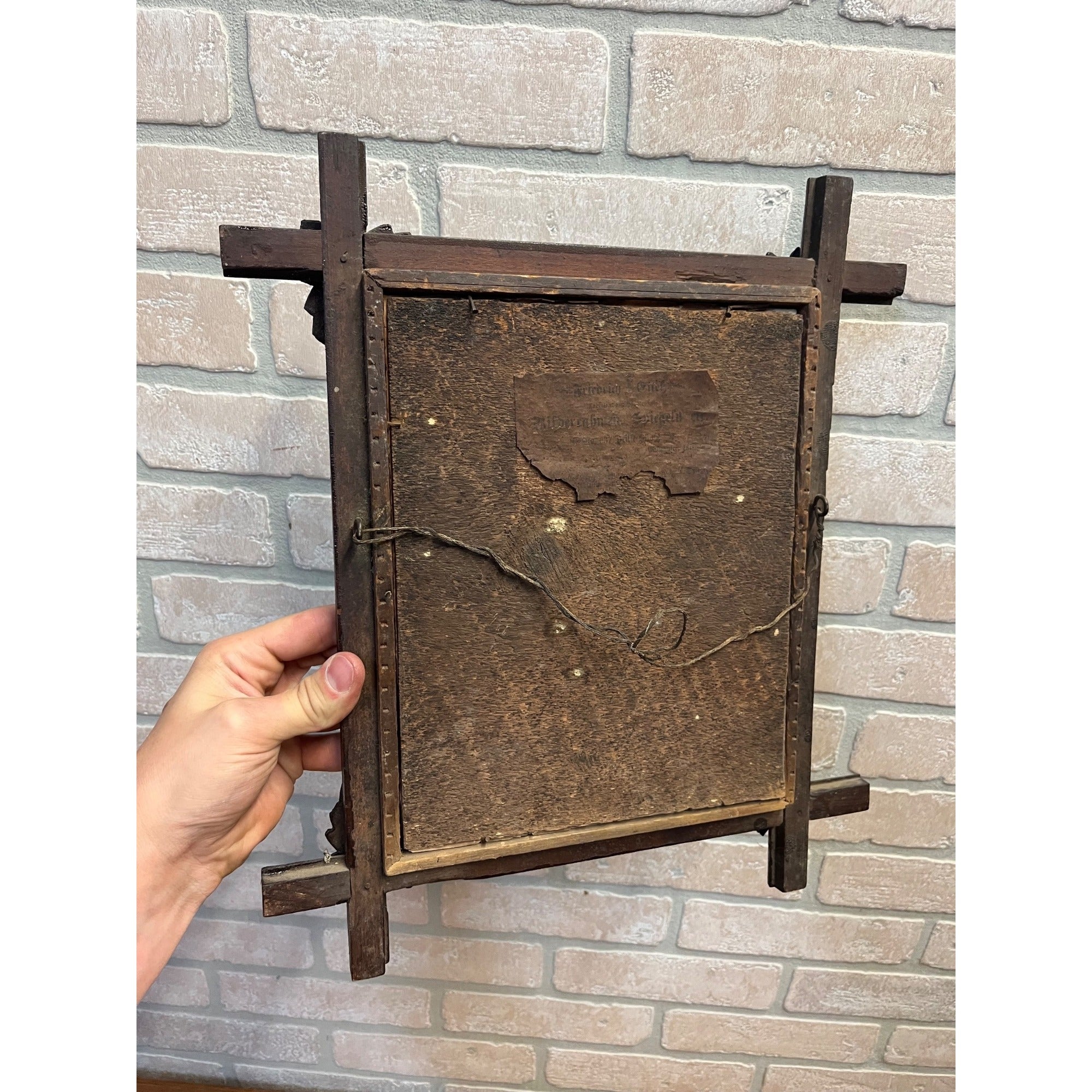 Antique Vintage Black Forest Adirondack Carved Wood Frame - Jesus Christ Sacred Heart Religious Print