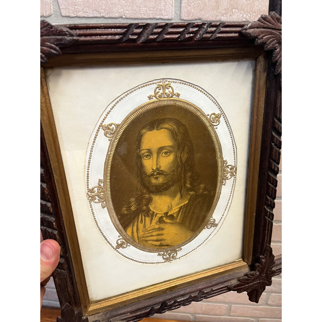 Antique Vintage Black Forest Adirondack Carved Wood Frame - Jesus Christ Sacred Heart Religious Print