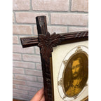 Antique Vintage Black Forest Adirondack Carved Wood Frame - Jesus Christ Sacred Heart Religious Print