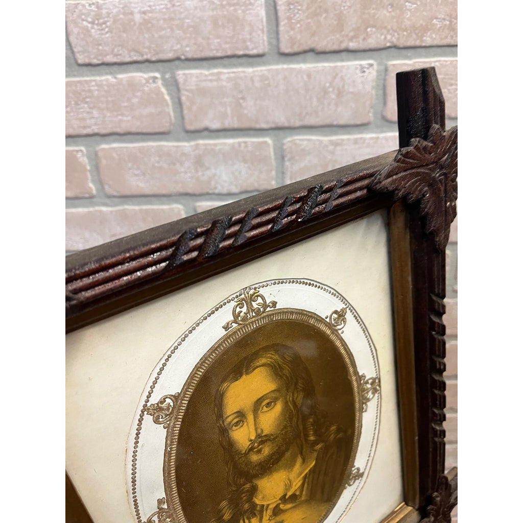 Antique Vintage Black Forest Adirondack Carved Wood Frame - Jesus Christ Sacred Heart Religious Print