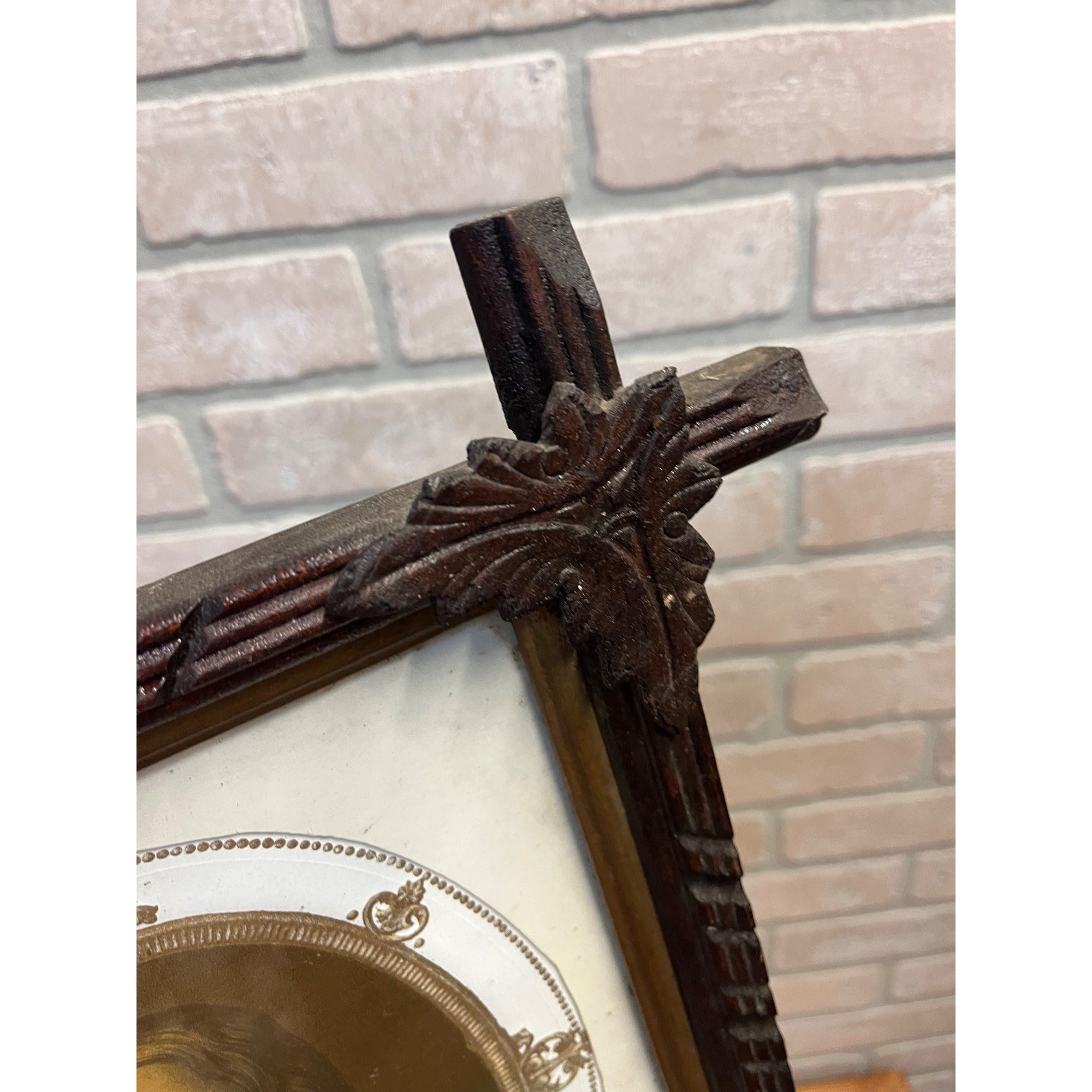 Antique Vintage Black Forest Adirondack Carved Wood Frame - Jesus Christ Sacred Heart Religious Print