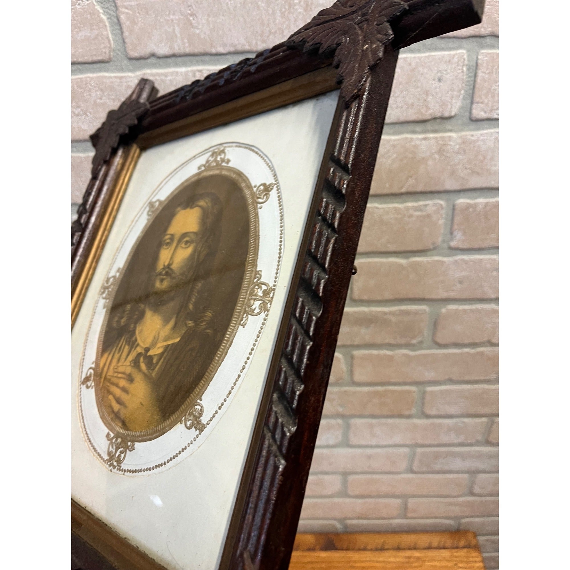Antique Vintage Black Forest Adirondack Carved Wood Frame - Jesus Christ Sacred Heart Religious Print