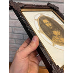 Antique Vintage Black Forest Adirondack Carved Wood Frame - Jesus Christ Sacred Heart Religious Print