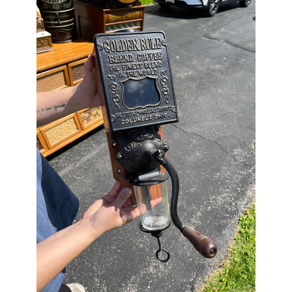 Antique 1900s Original Golden Rule Coffee Advertising Hand Crank Wall Grinder