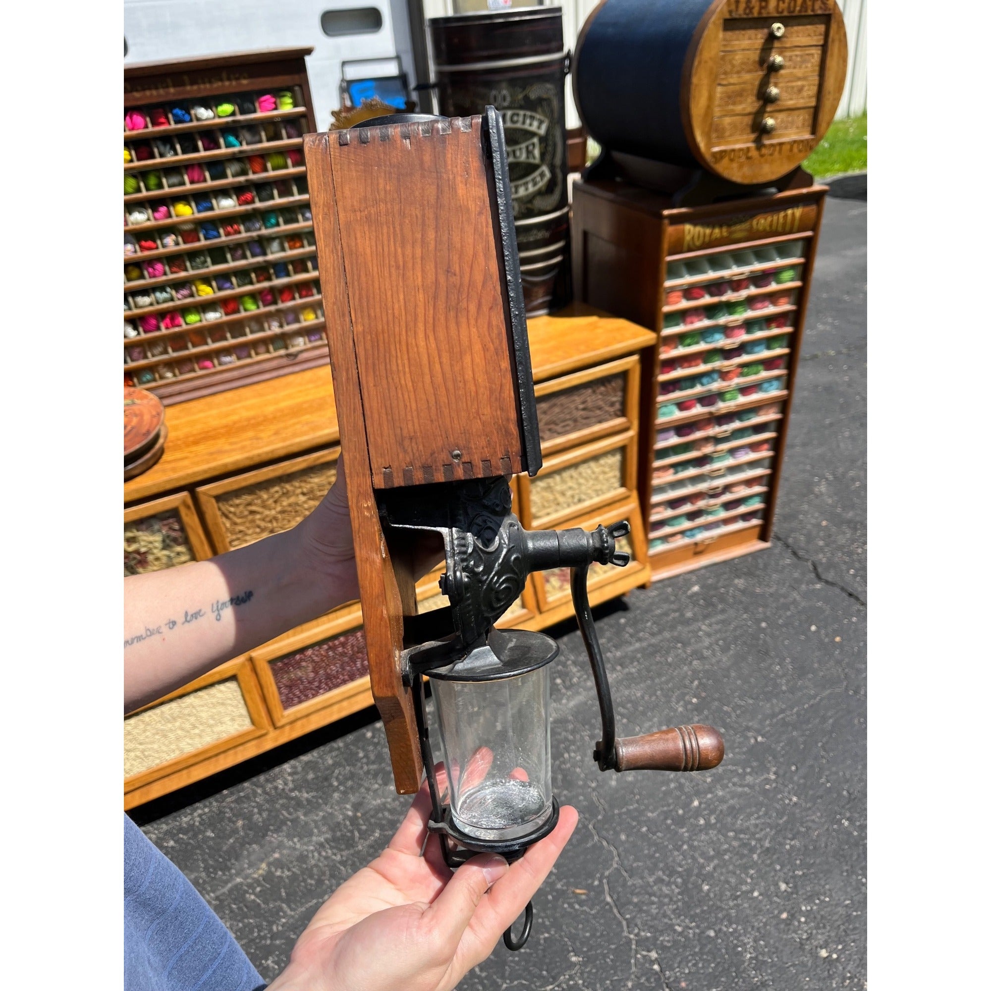 Antique 1900s Original Golden Rule Coffee Advertising Hand Crank Wall Grinder