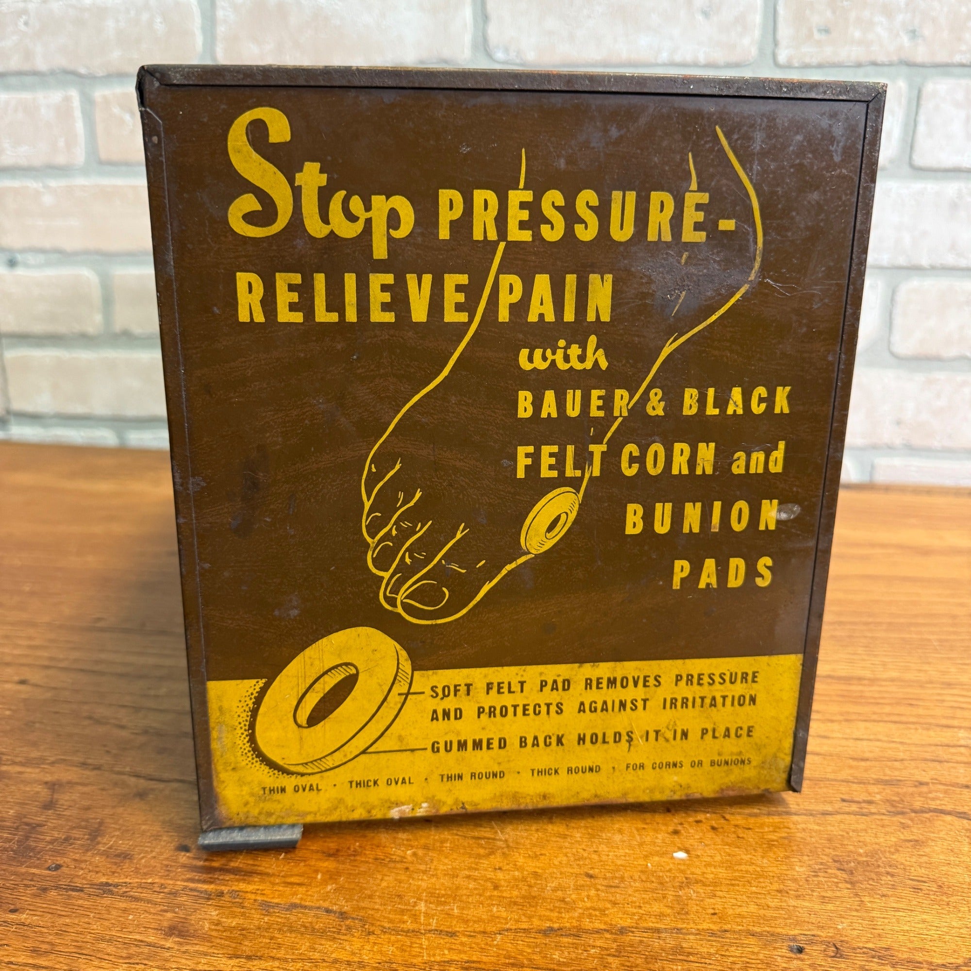 Vintage 1940's BAUER & BLACK Foot Corn & Bunion Pads Metal Display Cabinet Sign