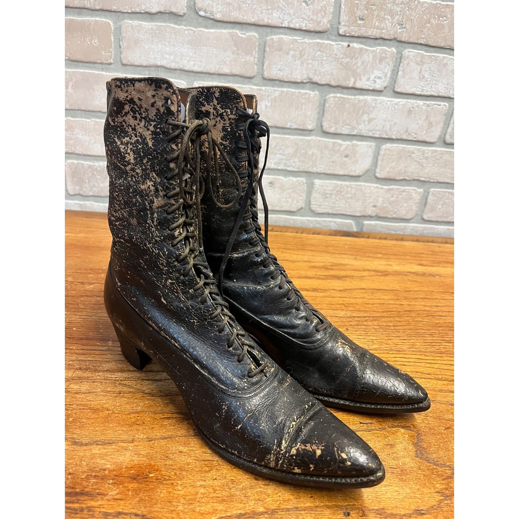 Antique Victorian Edwardian Black Leather Lace Up Boots Women’s High Top Shoes Prop Decor
