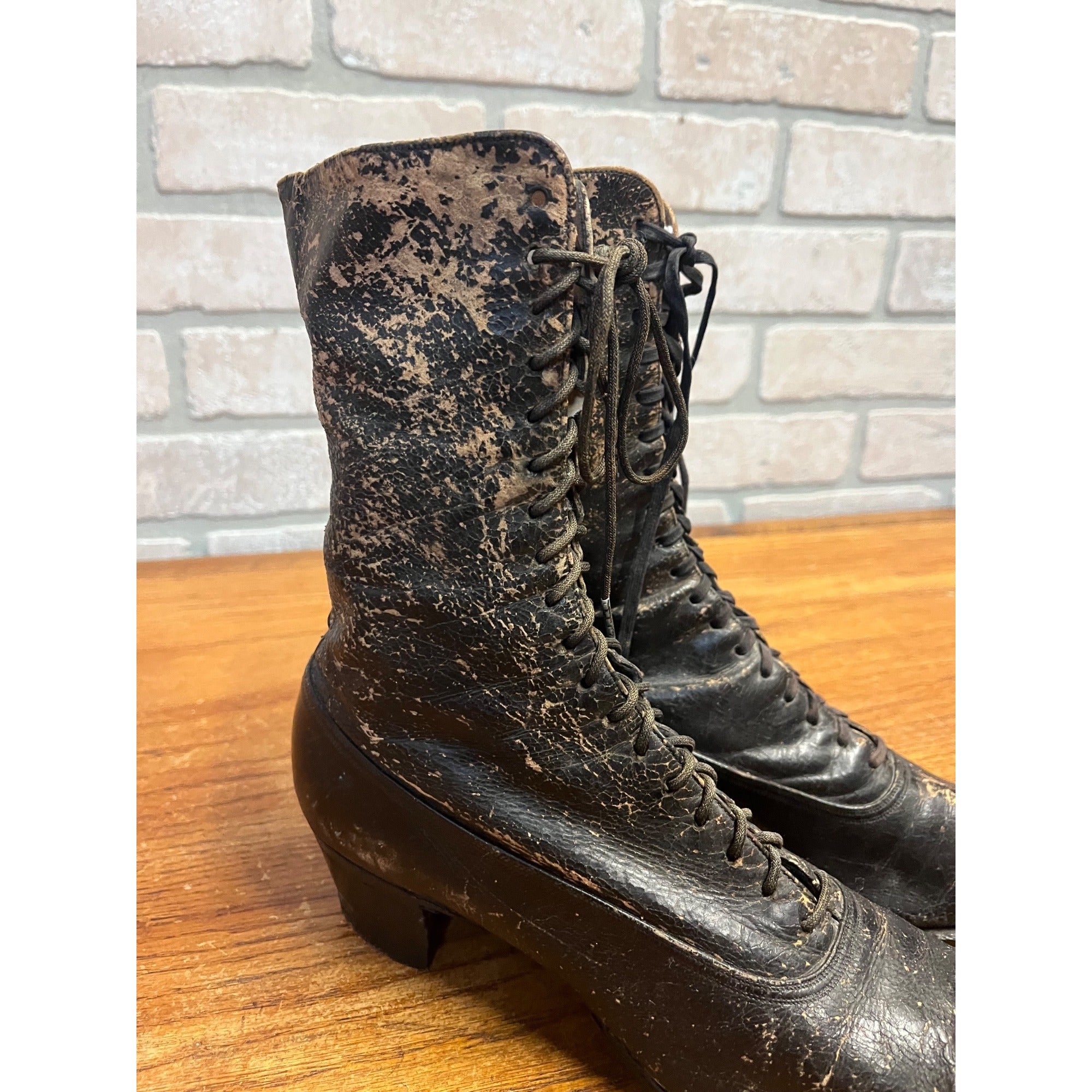 Antique Victorian Edwardian Black Leather Lace Up Boots Women’s High Top Shoes Prop Decor