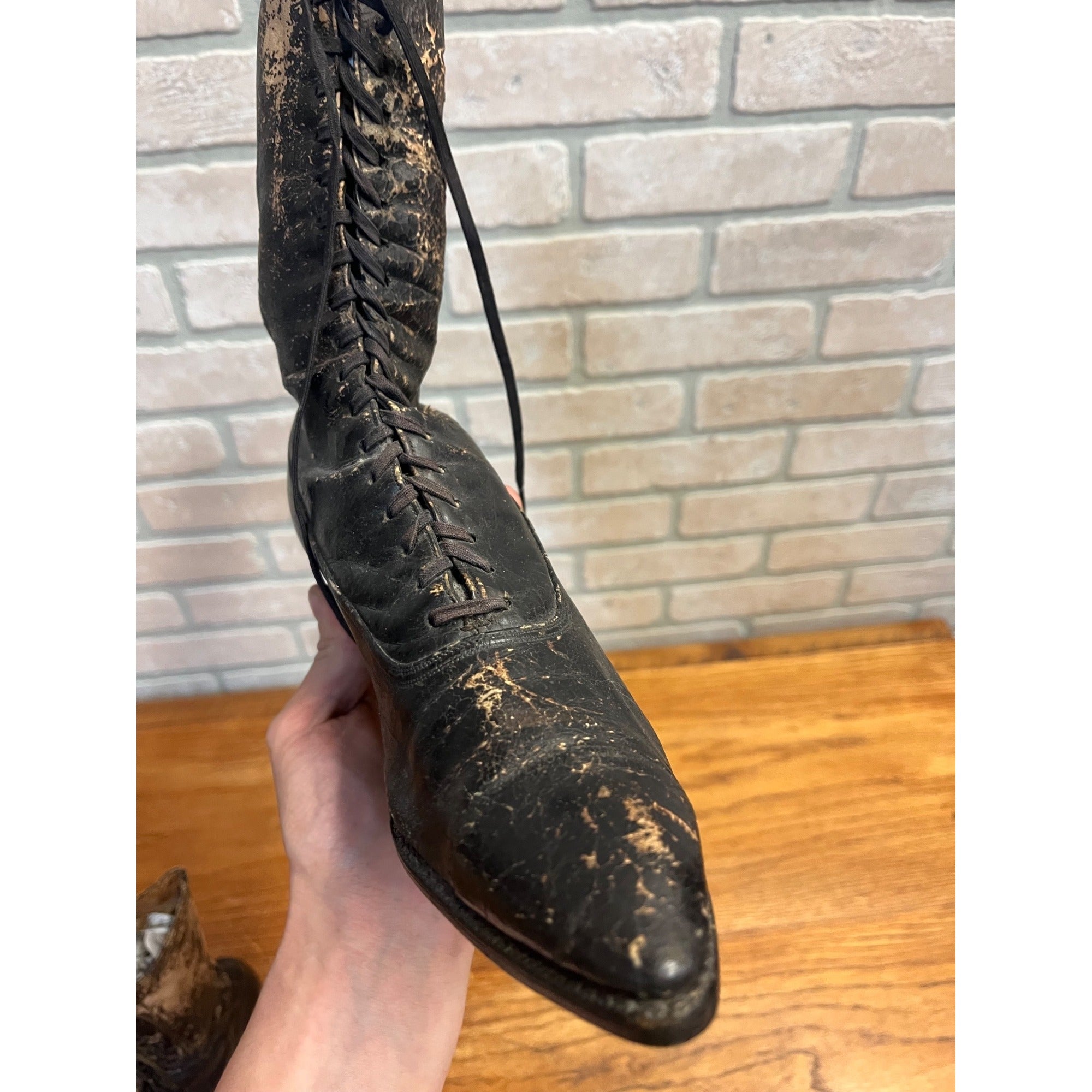Antique Victorian Edwardian Black Leather Lace Up Boots Women’s High Top Shoes Prop Decor