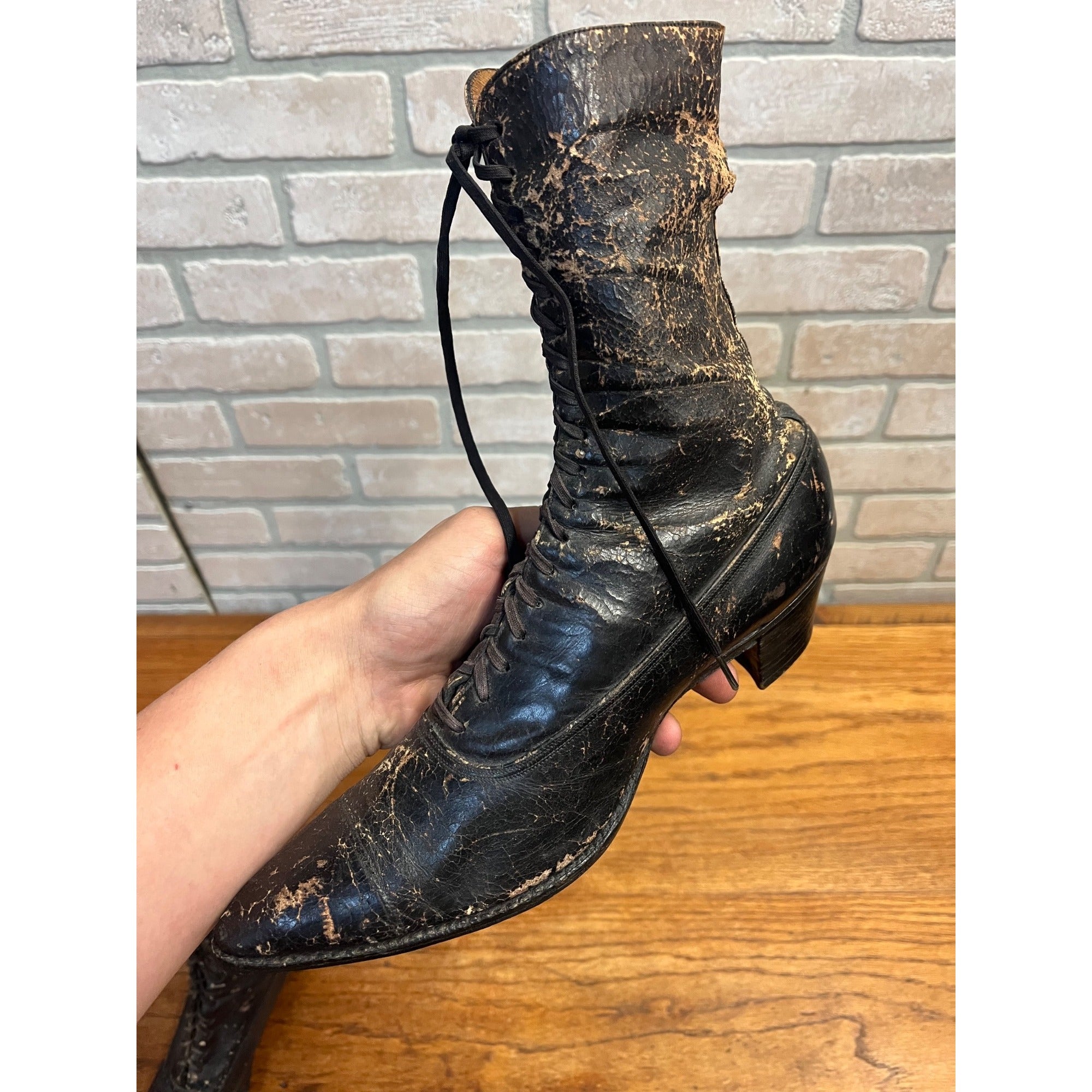 Antique Victorian Edwardian Black Leather Lace Up Boots Women’s High Top Shoes Prop Decor