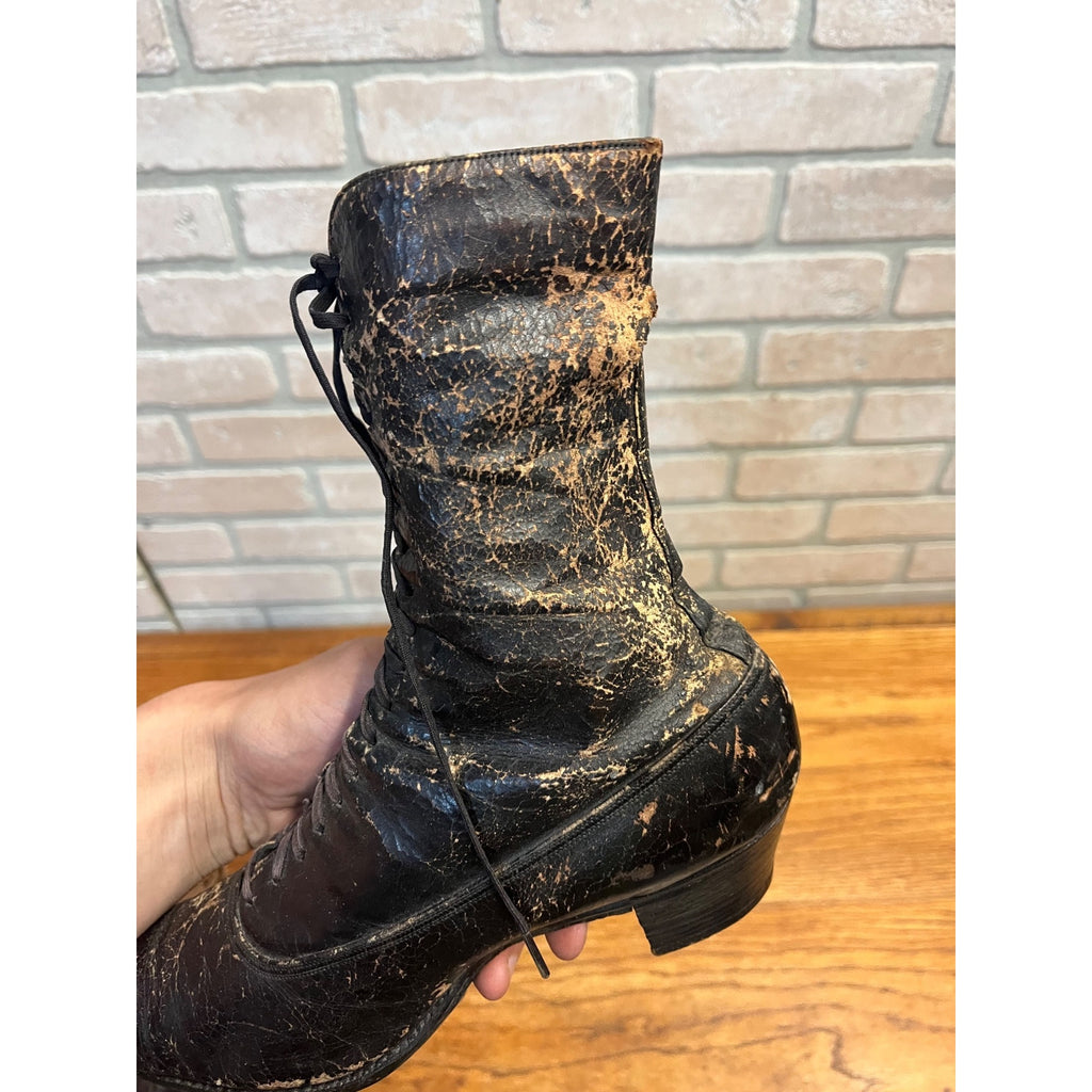 Antique Victorian Edwardian Black Leather Lace Up Boots Women’s High Top Shoes Prop Decor
