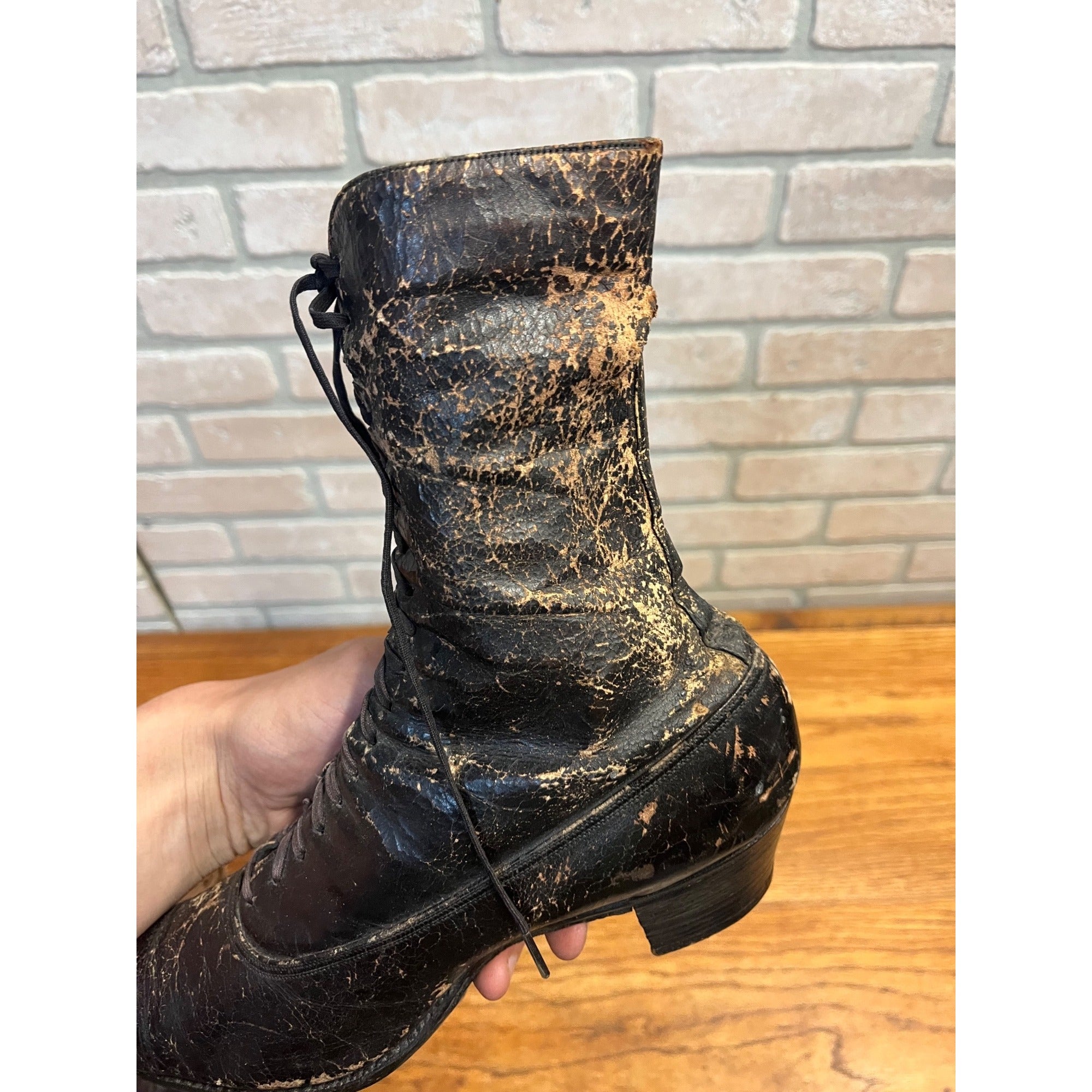 Antique Victorian Edwardian Black Leather Lace Up Boots Women’s High Top Shoes Prop Decor