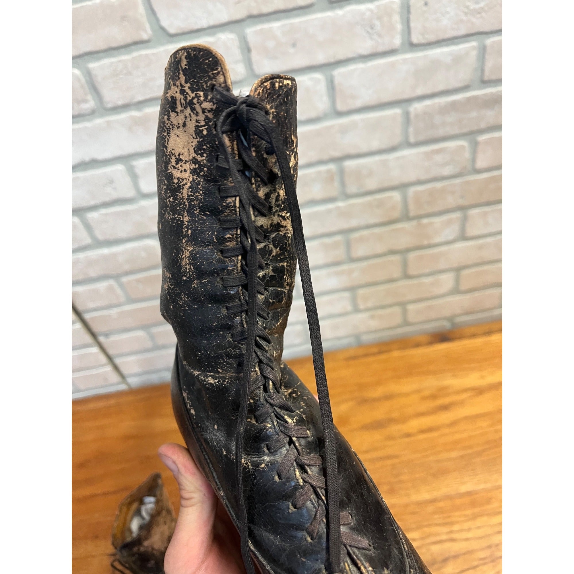Antique Victorian Edwardian Black Leather Lace Up Boots Women’s High Top Shoes Prop Decor