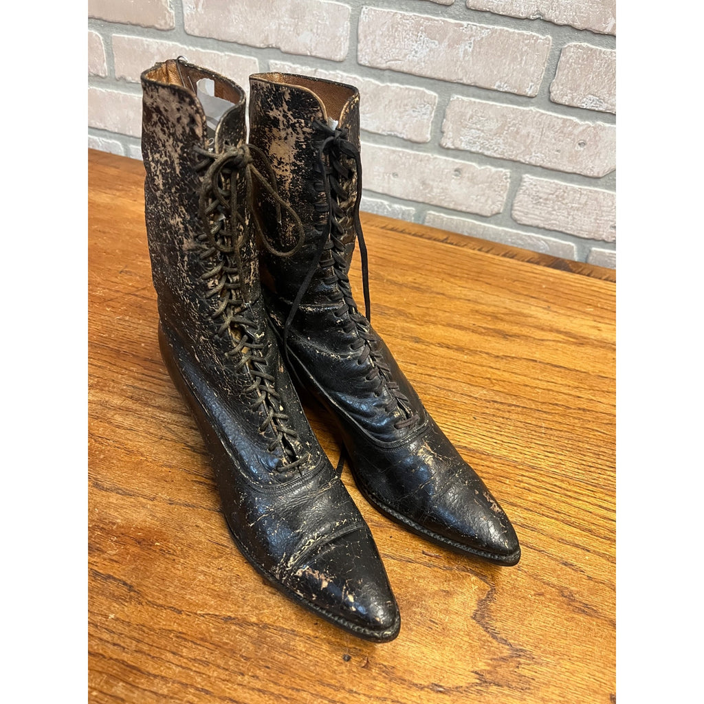 Antique Victorian Edwardian Black Leather Lace Up Boots Women’s High Top Shoes Prop Decor