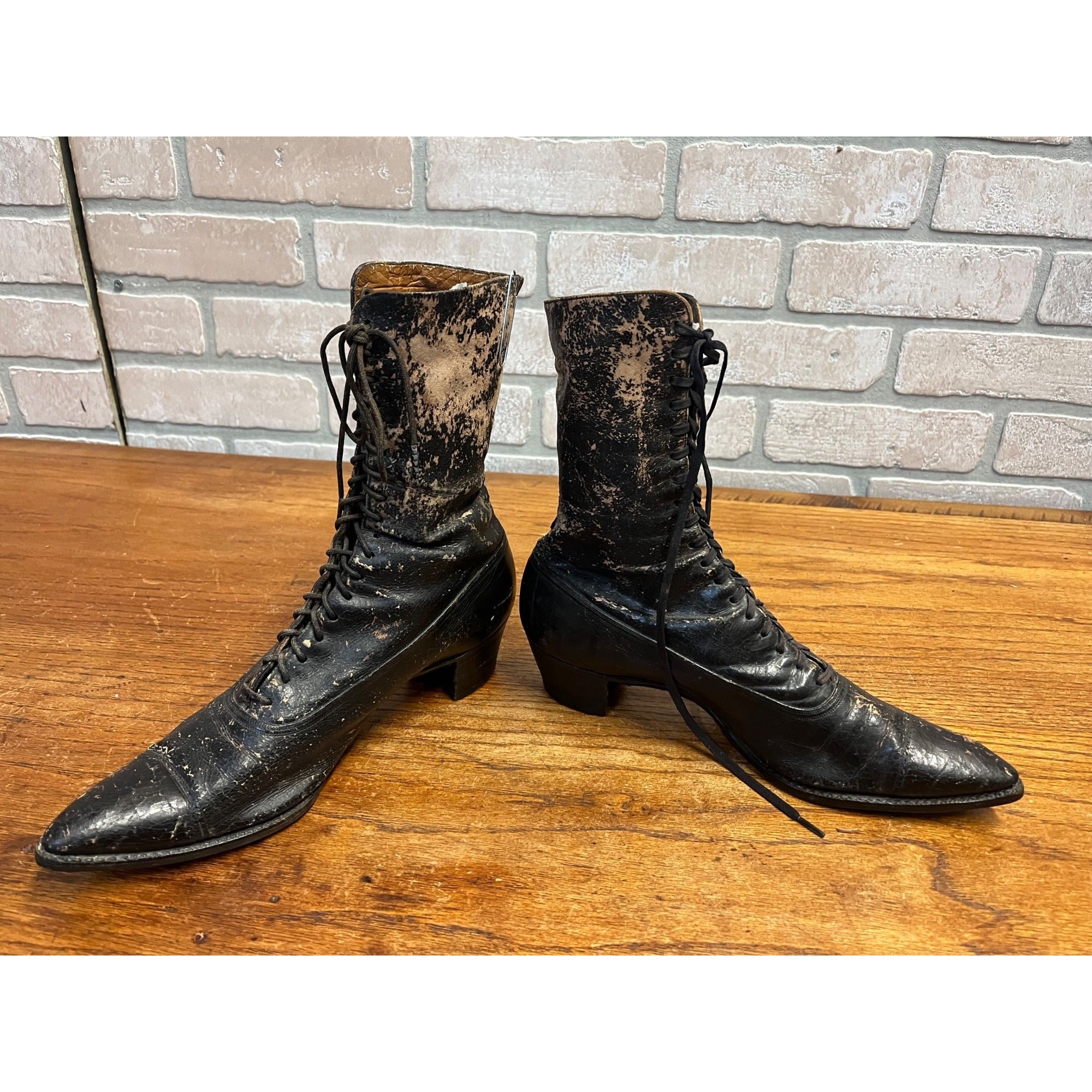 Antique Victorian Edwardian Black Leather Lace Up Boots Women’s High Top Shoes Prop Decor