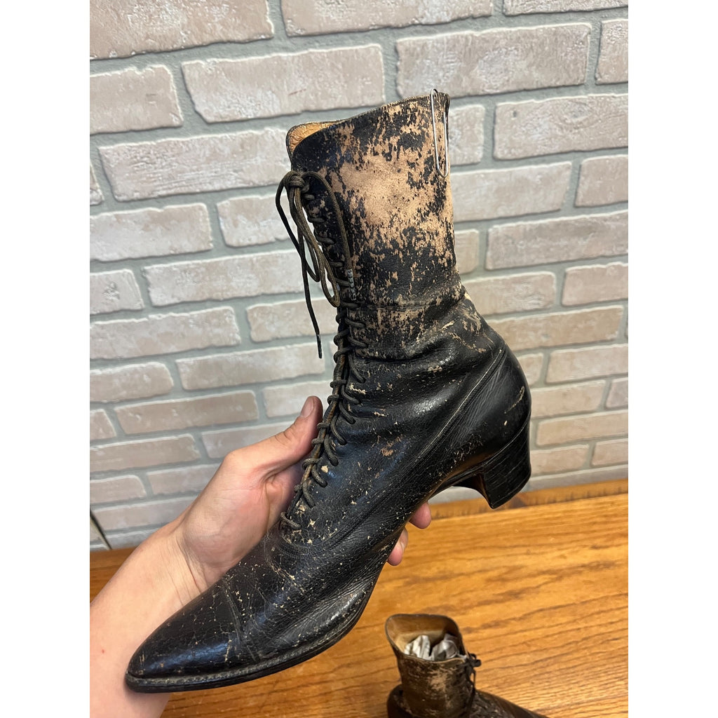 Antique Victorian Edwardian Black Leather Lace Up Boots Women’s High Top Shoes Prop Decor