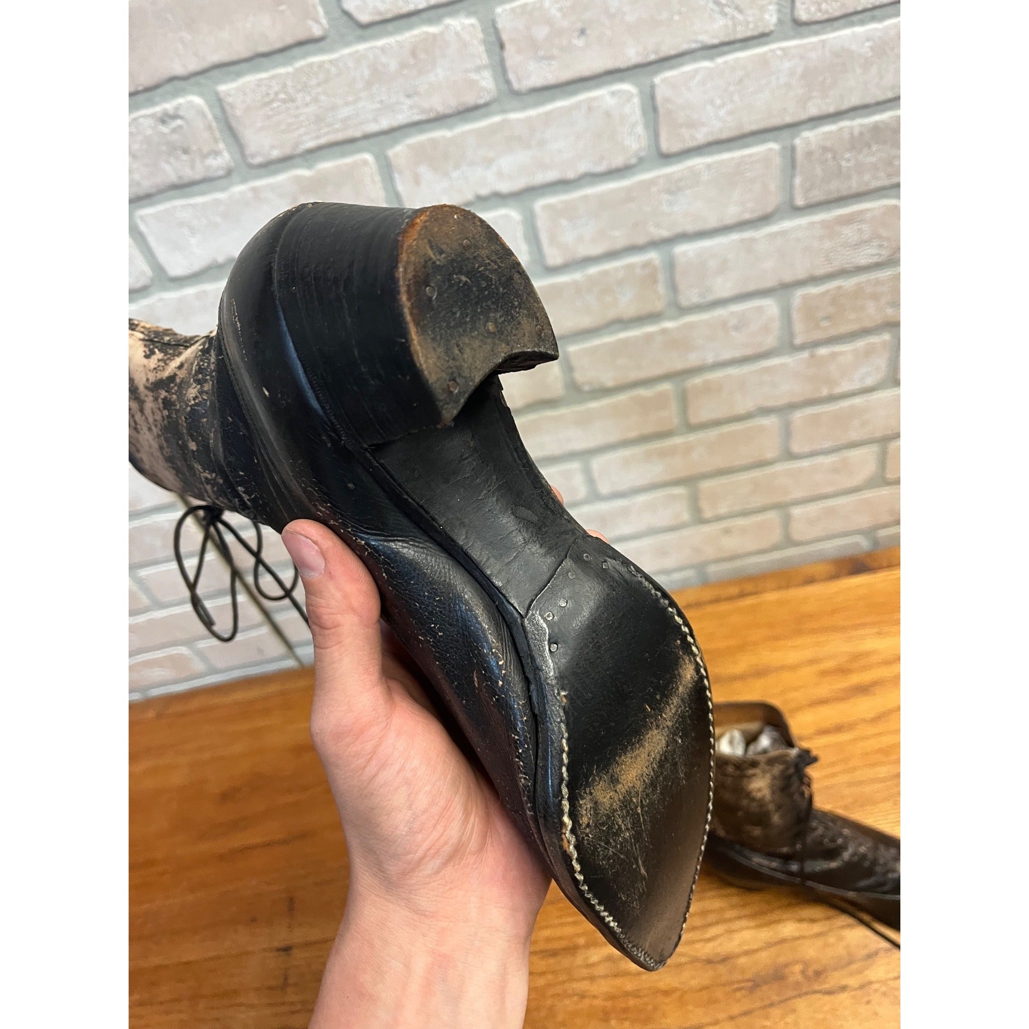 Antique Victorian Edwardian Black Leather Lace Up Boots Women’s High Top Shoes Prop Decor