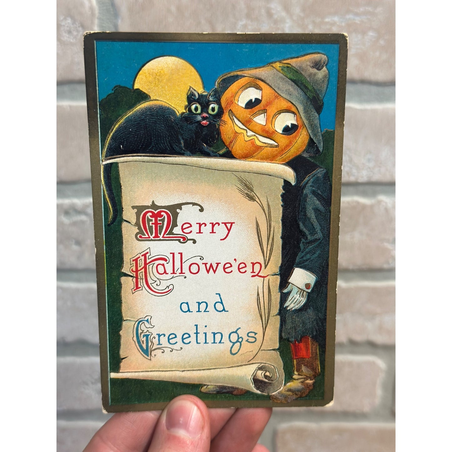 Vintage Halloween Postcard Barton & Spooner Series 500 Black Cat Scarecrow