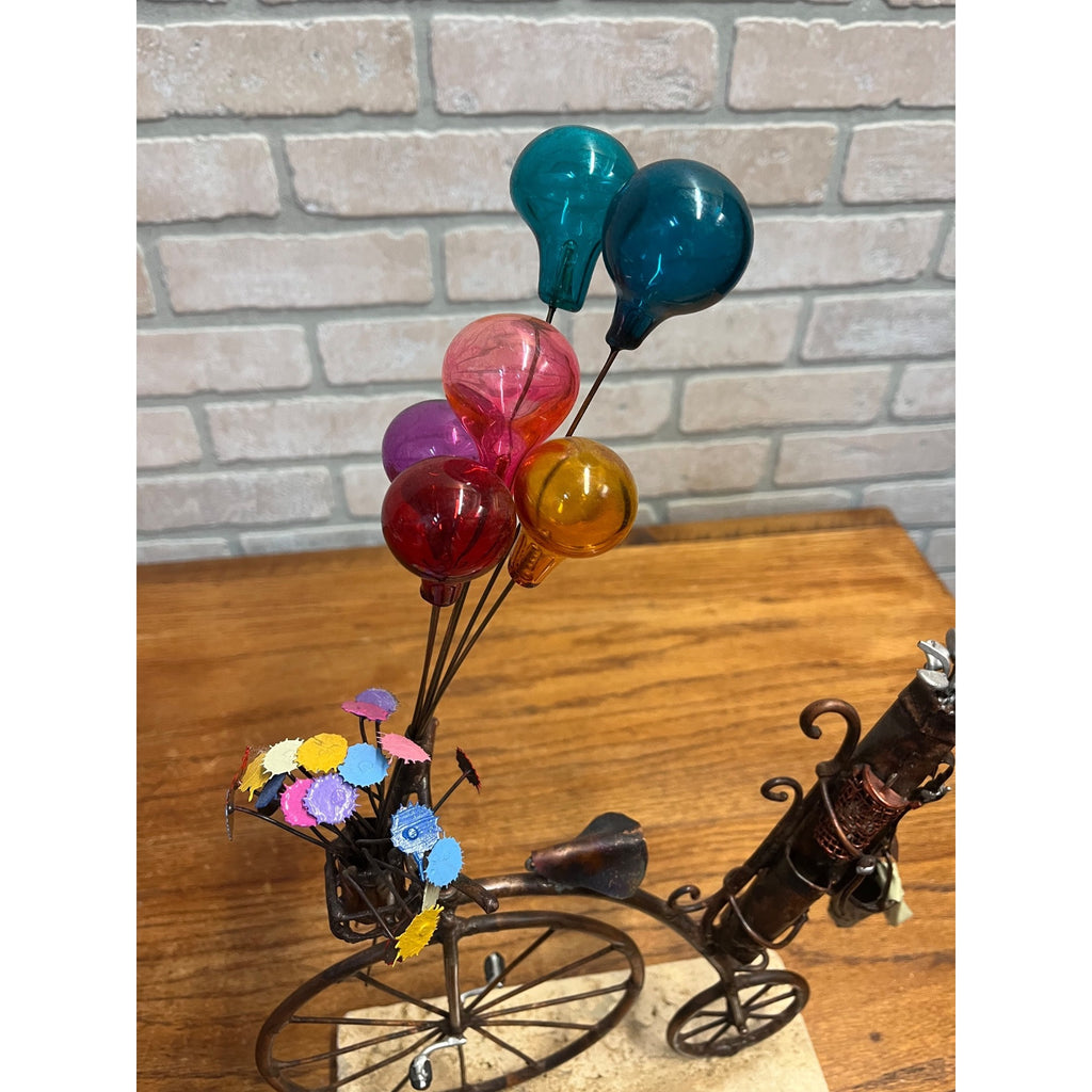 Jim Lewk Hand Made Copper Bicycle Sculpture w/ Flowers Fossil Coral Base Signed