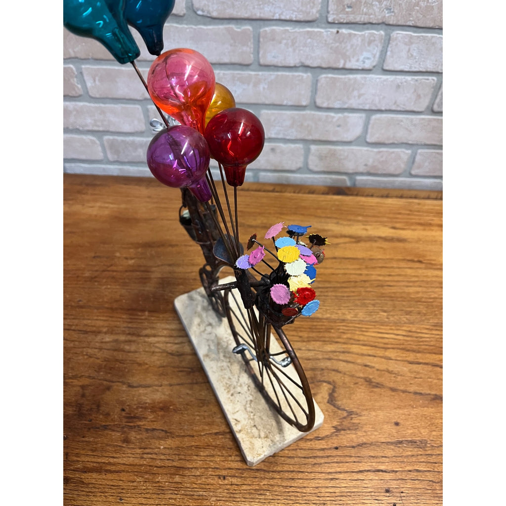 Jim Lewk Hand Made Copper Bicycle Sculpture w/ Flowers Fossil Coral Base Signed