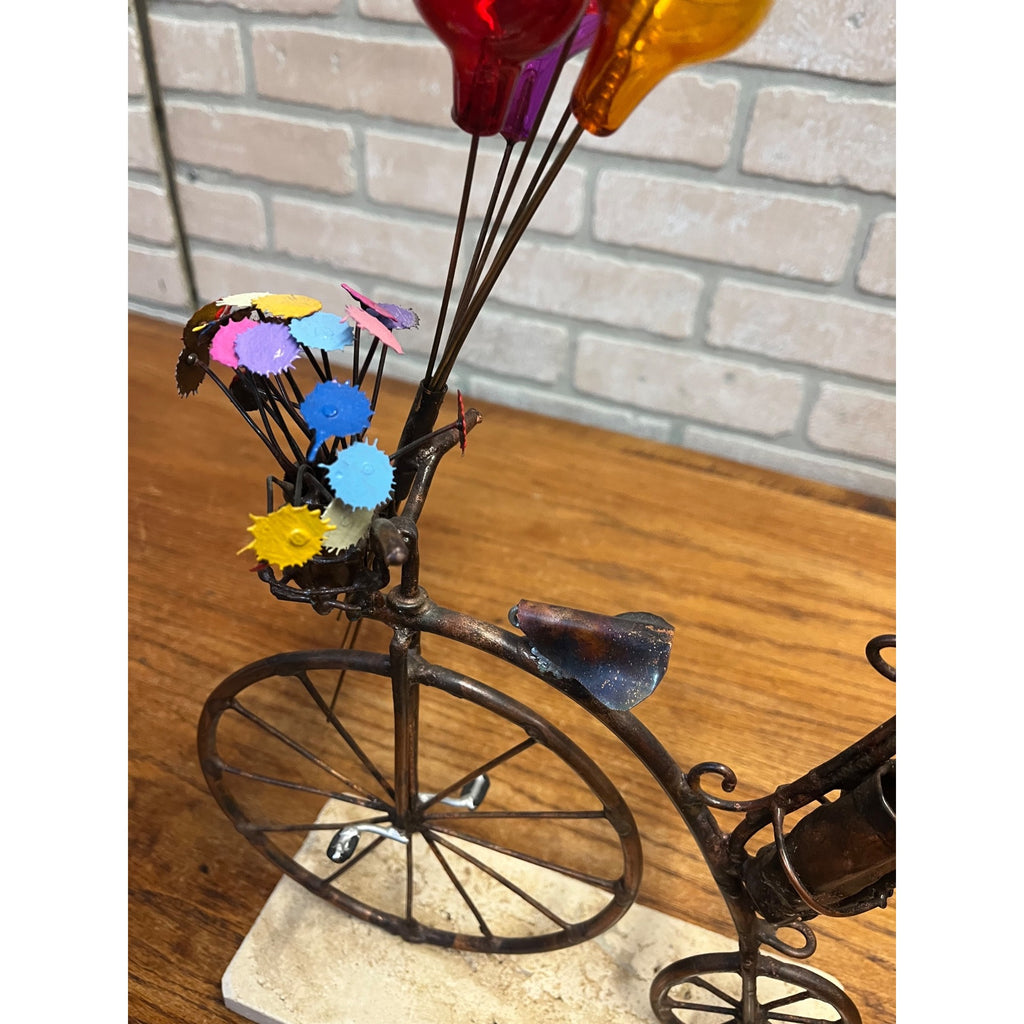 Jim Lewk Hand Made Copper Bicycle Sculpture w/ Flowers Fossil Coral Base Signed