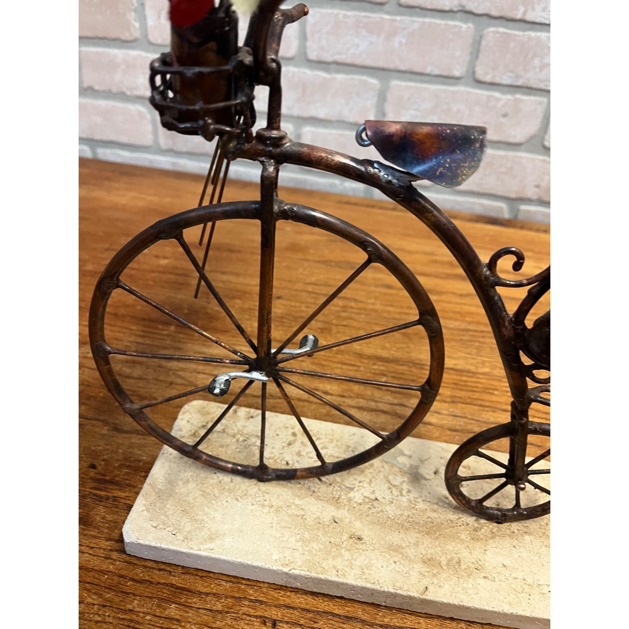Jim Lewk Hand Made Copper Bicycle Sculpture w/ Flowers Fossil Coral Base Signed