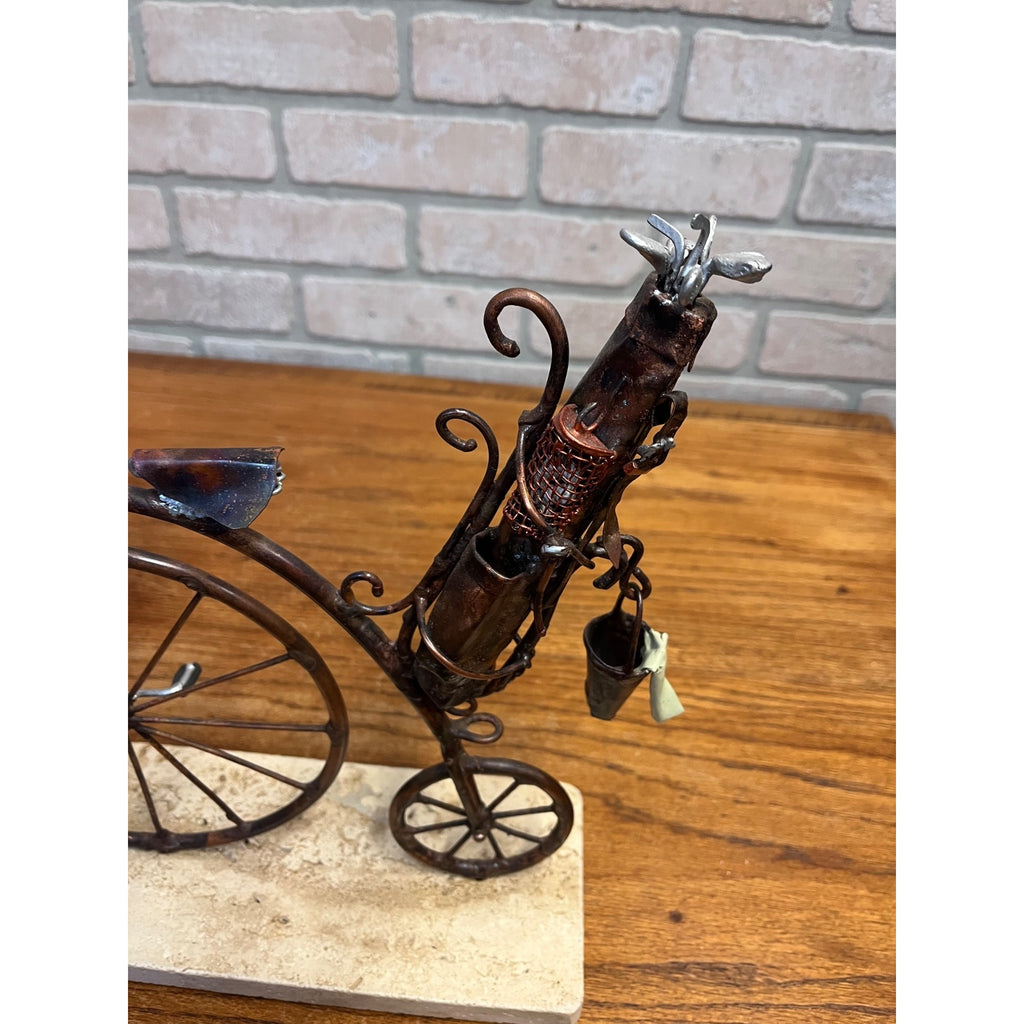 Jim Lewk Hand Made Copper Bicycle Sculpture w/ Flowers Fossil Coral Base Signed