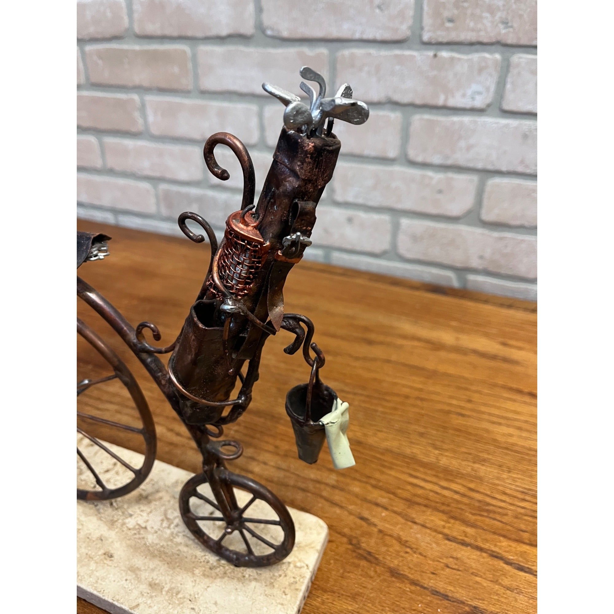 Jim Lewk Hand Made Copper Bicycle Sculpture w/ Flowers Fossil Coral Base Signed