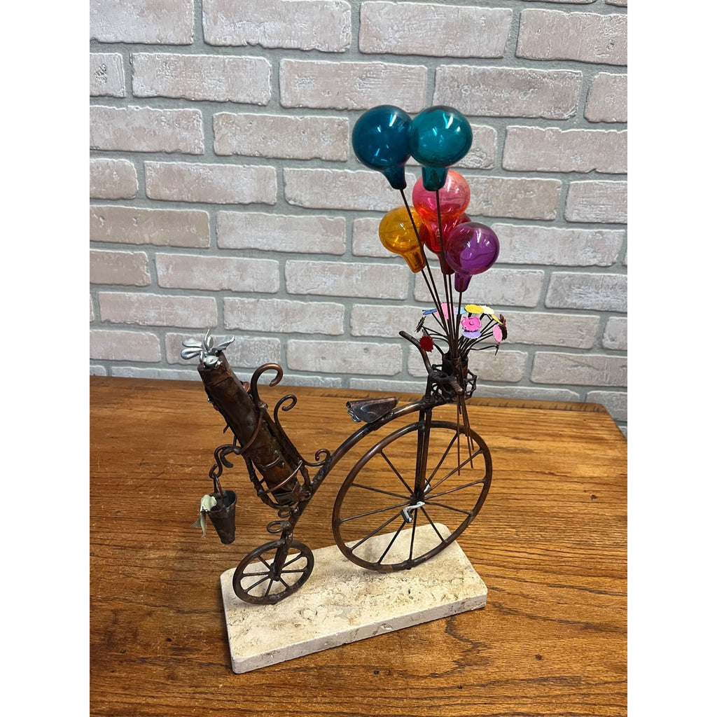 Jim Lewk Hand Made Copper Bicycle Sculpture w/ Flowers Fossil Coral Base Signed