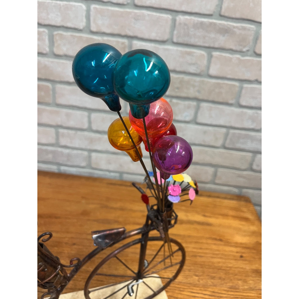 Jim Lewk Hand Made Copper Bicycle Sculpture w/ Flowers Fossil Coral Base Signed