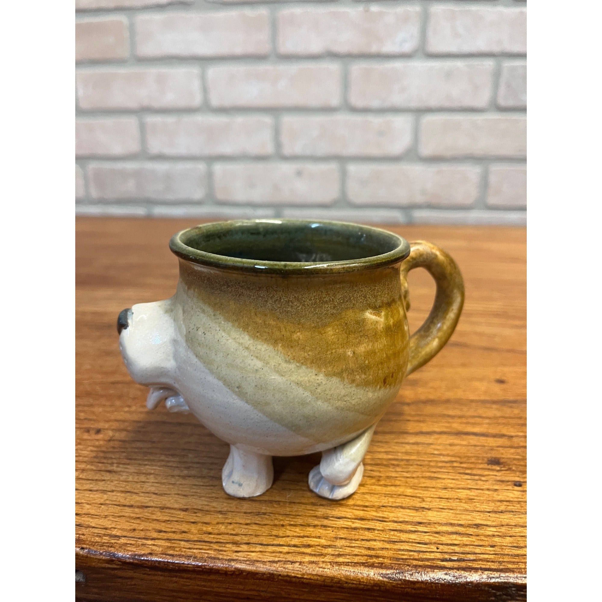 Vintage Ceramic Pottery Hand Made Dog Coffee Mug 1980s Signed JH