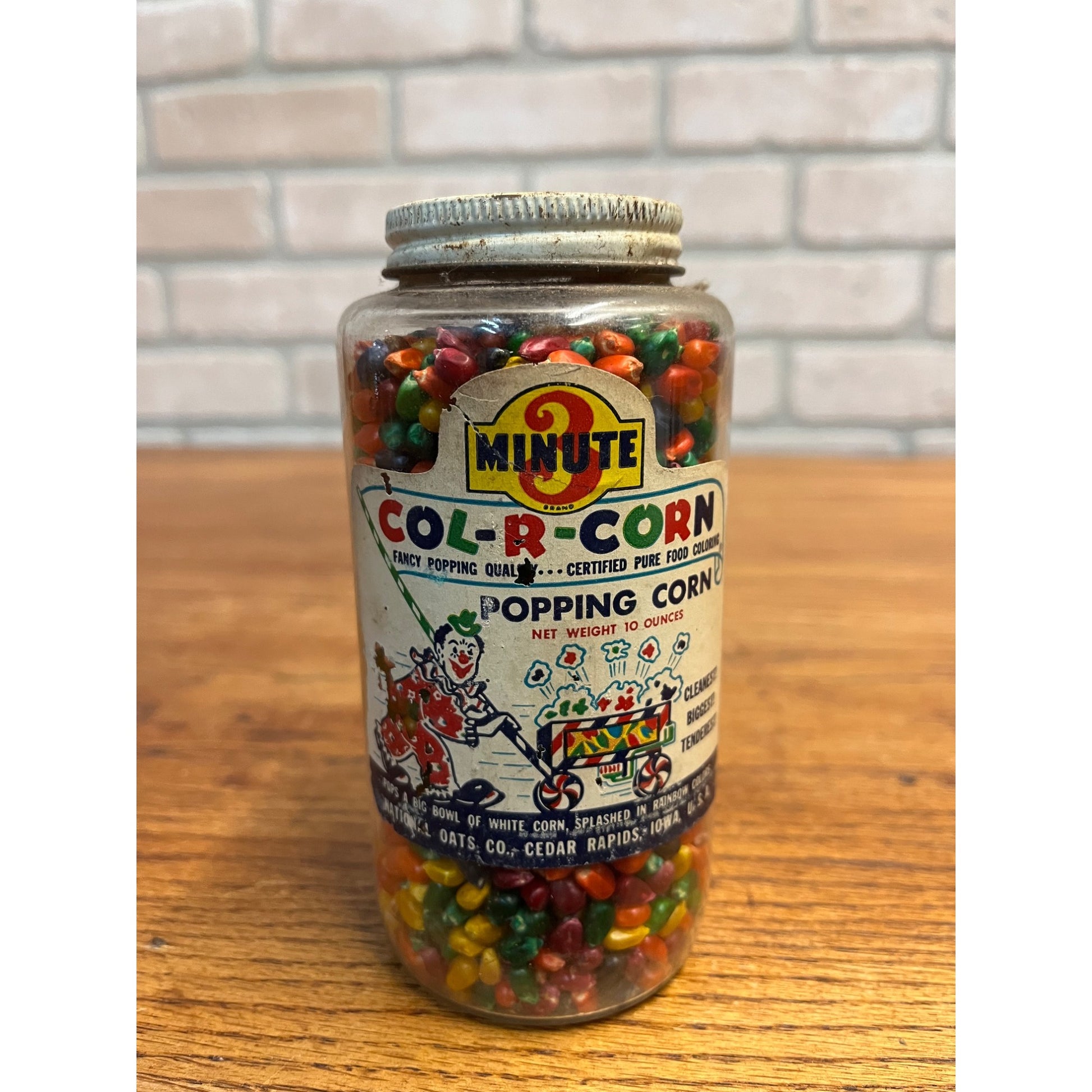 VINTAGE 10 oz GLASS JAR FULL NOS 3 Minute Col-R-Corn Popping Corn 1960s RARE HTF