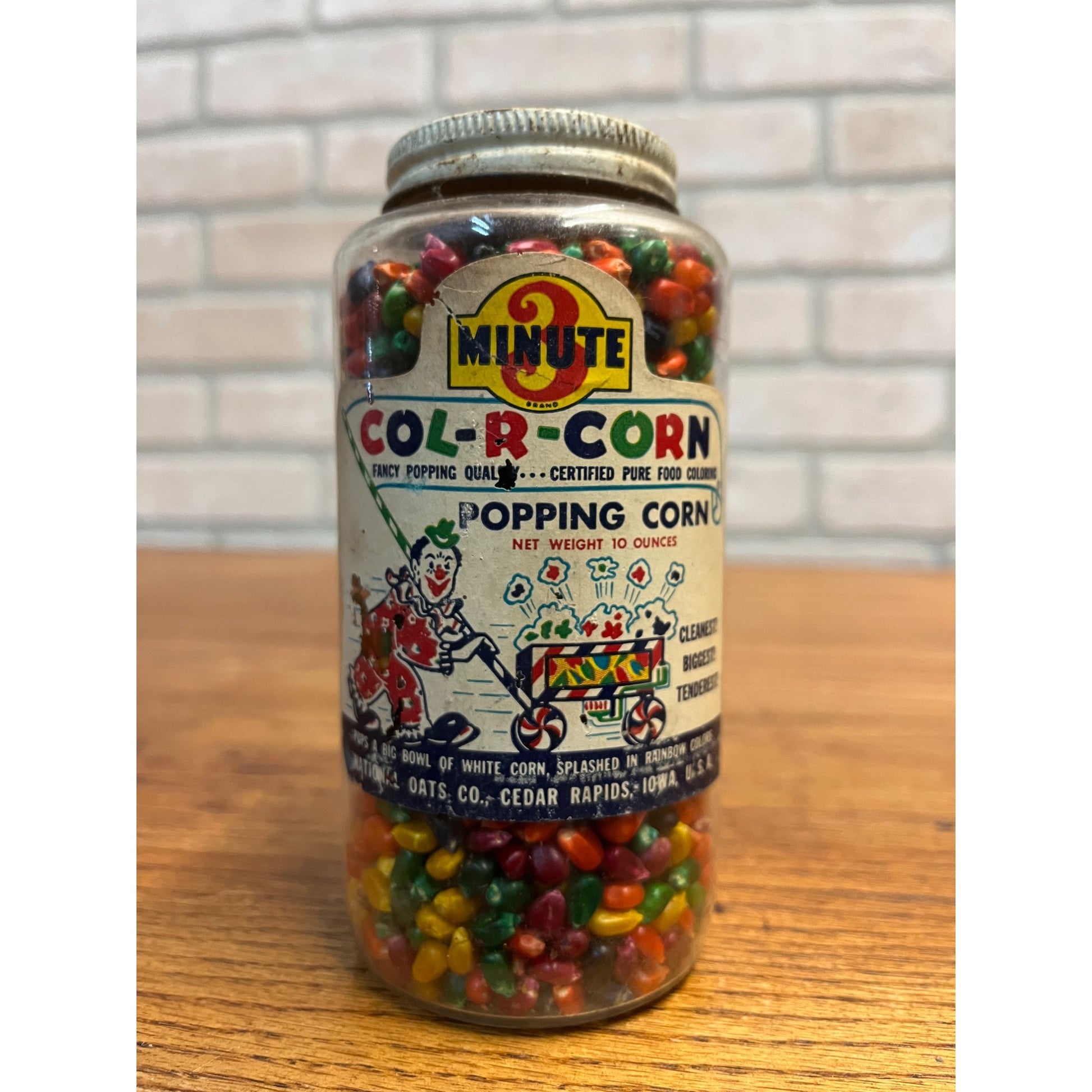 VINTAGE 10 oz GLASS JAR FULL NOS 3 Minute Col-R-Corn Popping Corn 1960s RARE HTF
