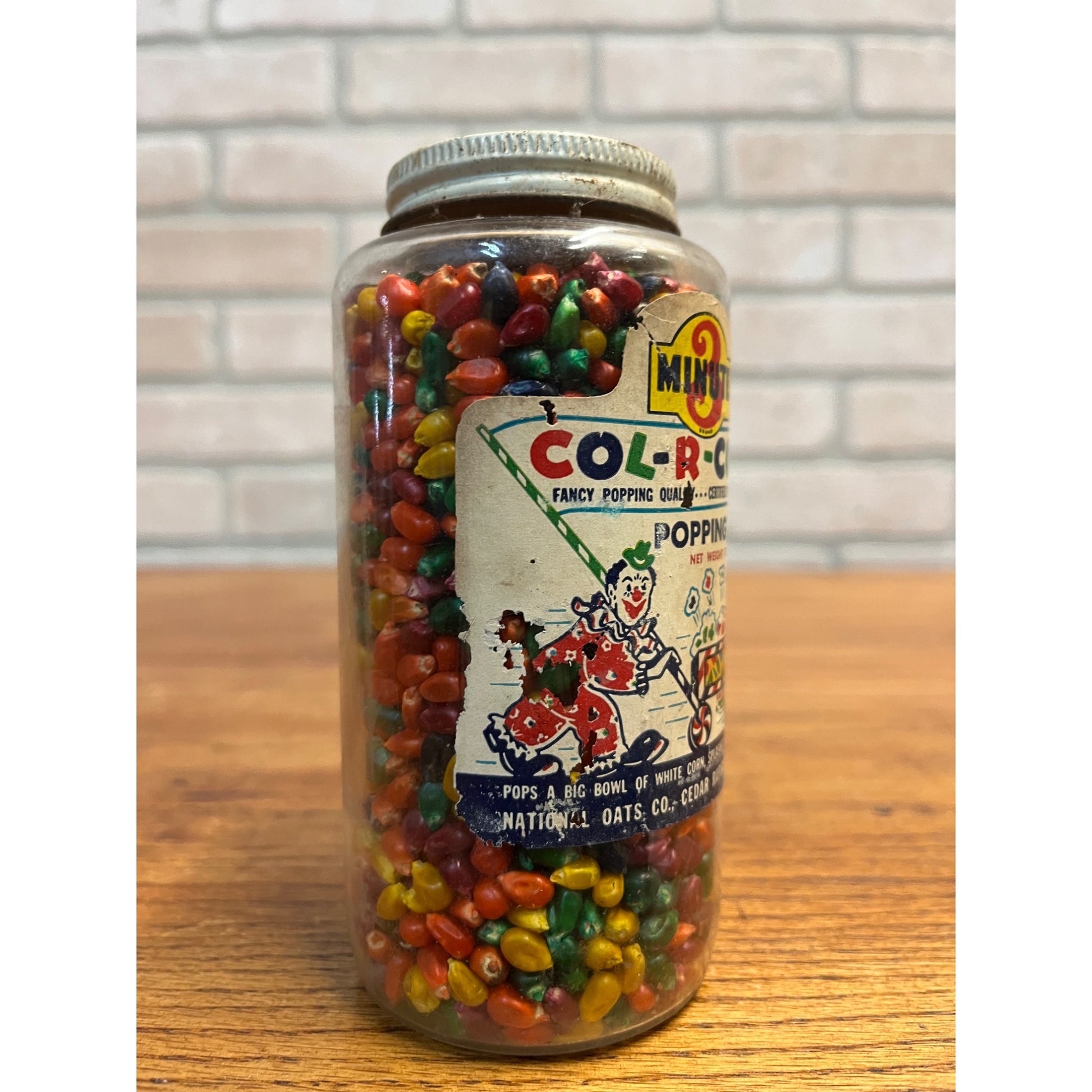 VINTAGE 10 oz GLASS JAR FULL NOS 3 Minute Col-R-Corn Popping Corn 1960s RARE HTF