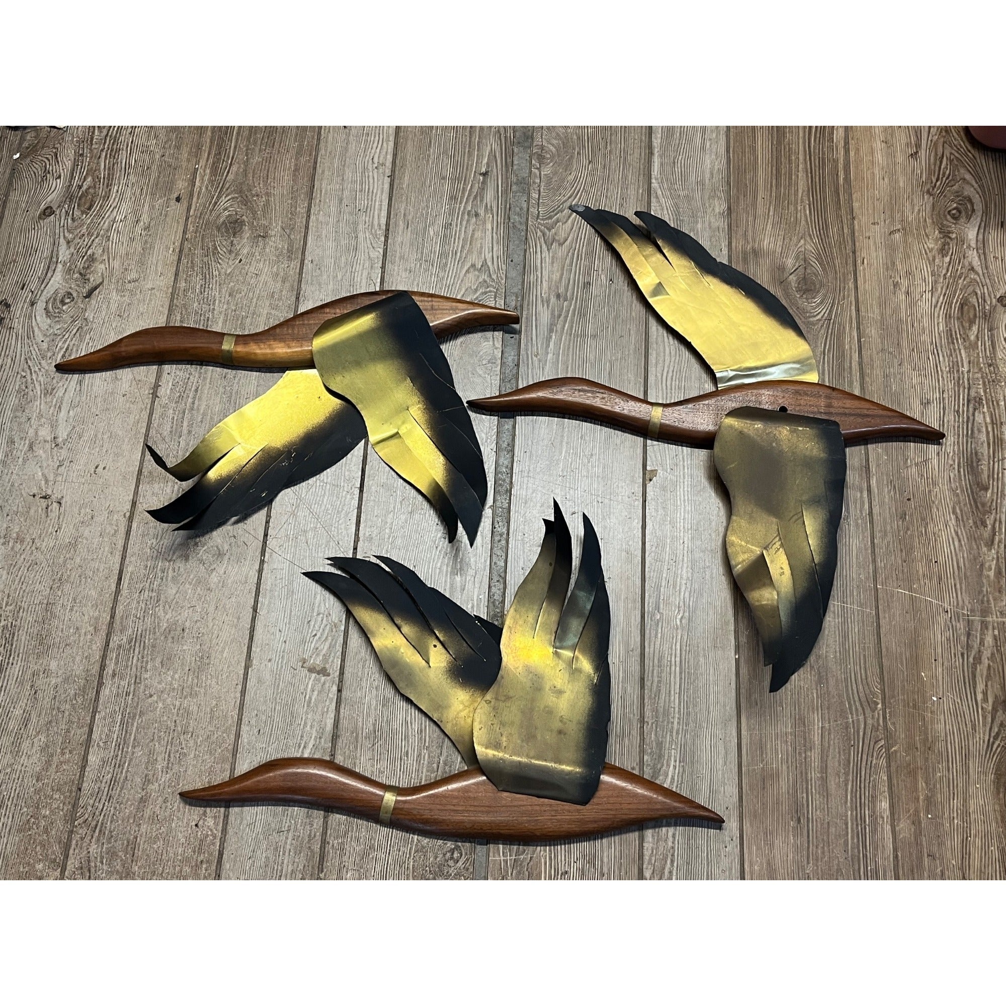 Vintage MCM Brass Flying Geese Wall Art Set Teak Wood Birds 1960s 1970s Decor