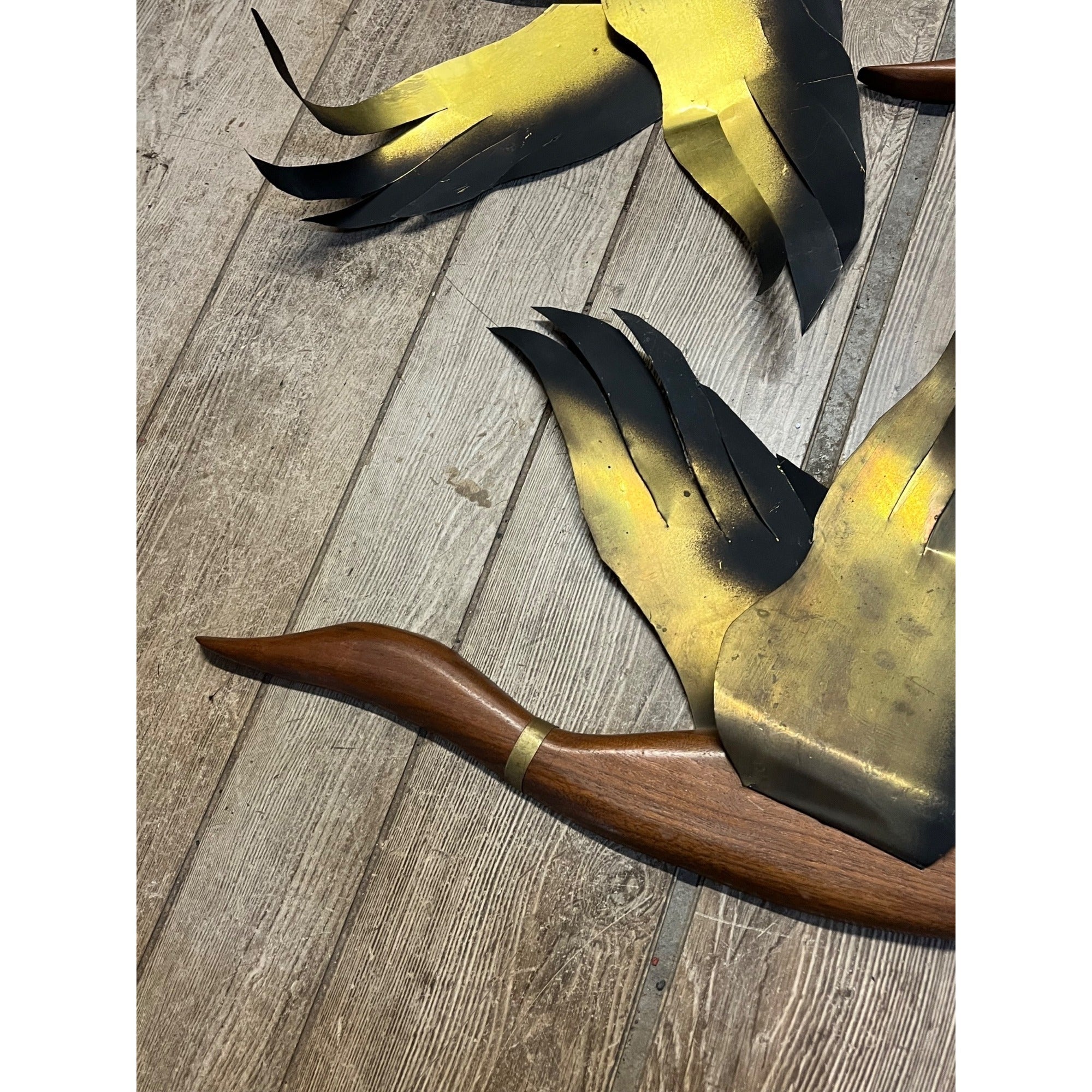 Vintage MCM Brass Flying Geese Wall Art Set Teak Wood Birds 1960s 1970s Decor